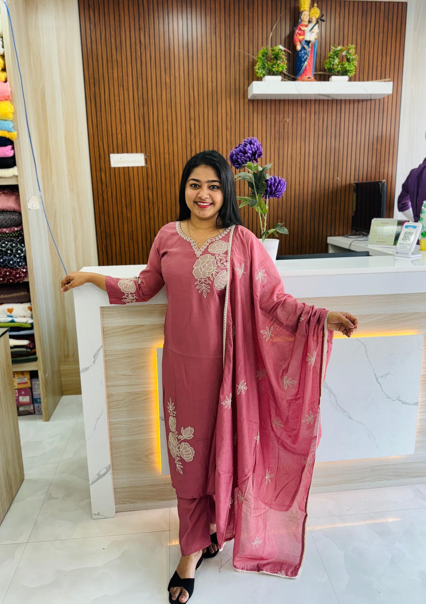 Onion pink 3-piece set in premium Chanderi silk A1727