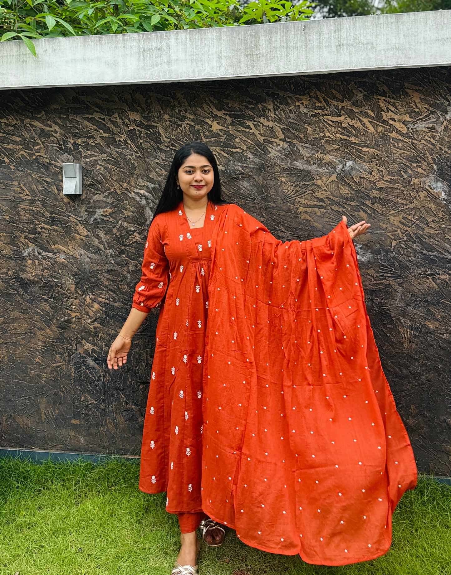 Pure cotton 3 piece salwar set Olive green & Orange A1735
