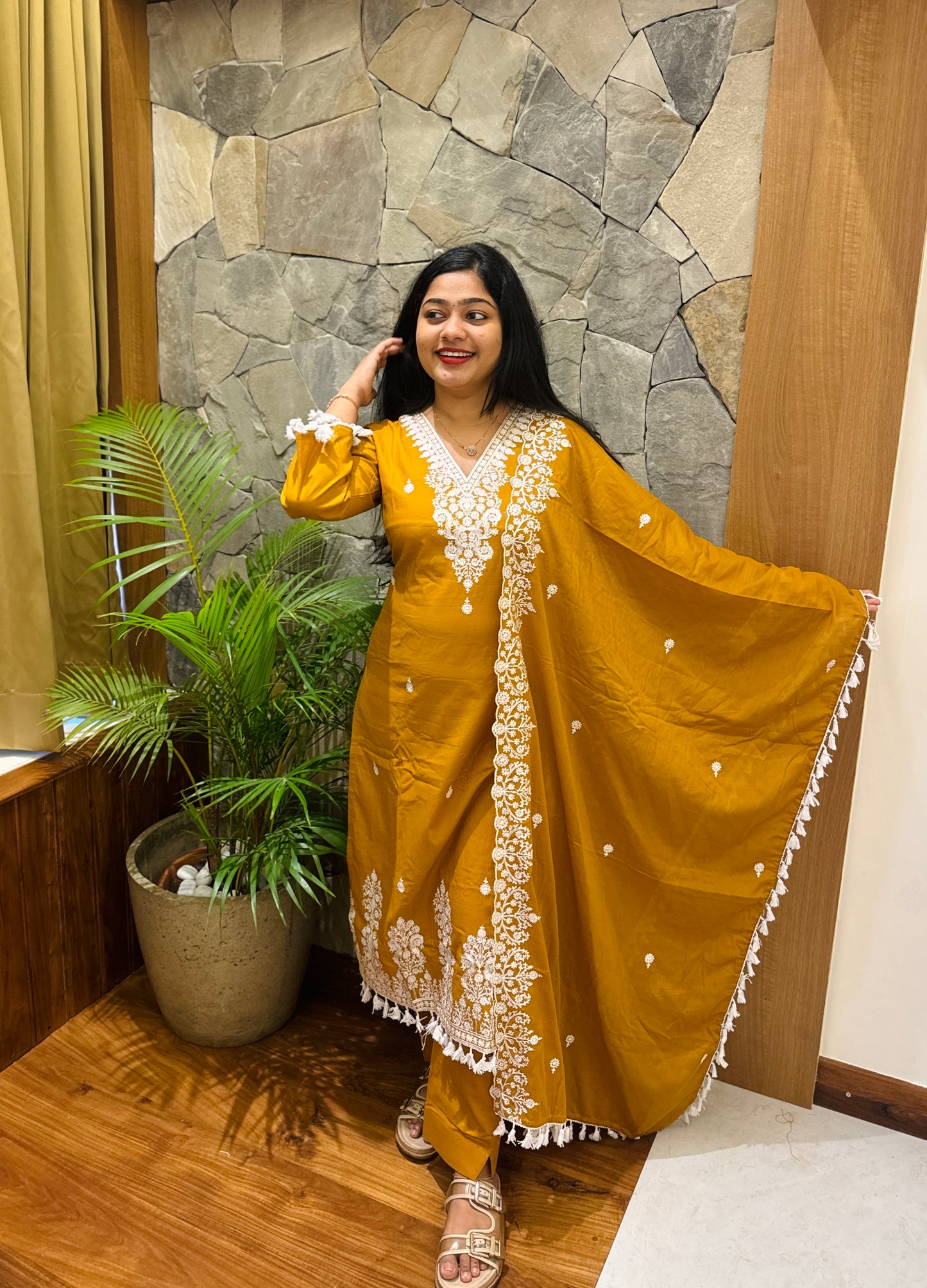 Mustard Yellow with Golden Tone
Premium 3-Piece Chanderi Silk Set A1965