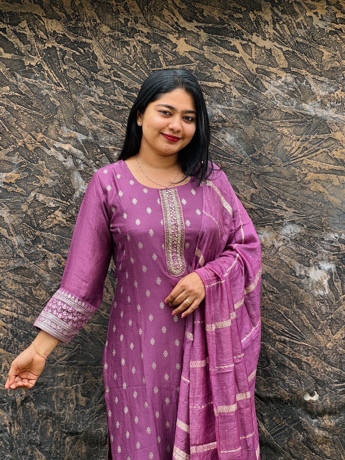 Elegant olive green & Purple silk 3 piece Salwar Suit-A1001