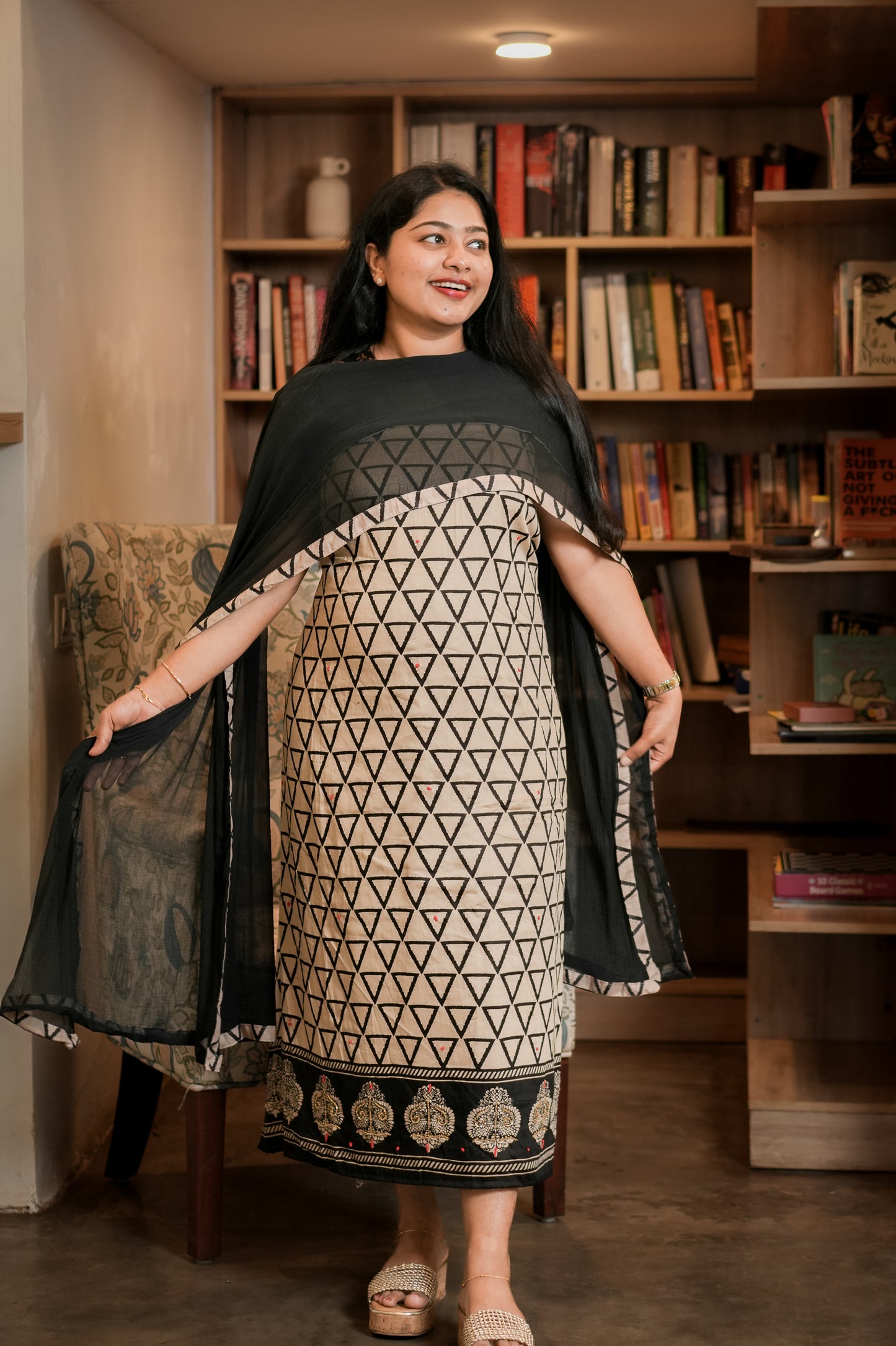 Elegant Beige & Black Cotton Satin Dress Material A2006