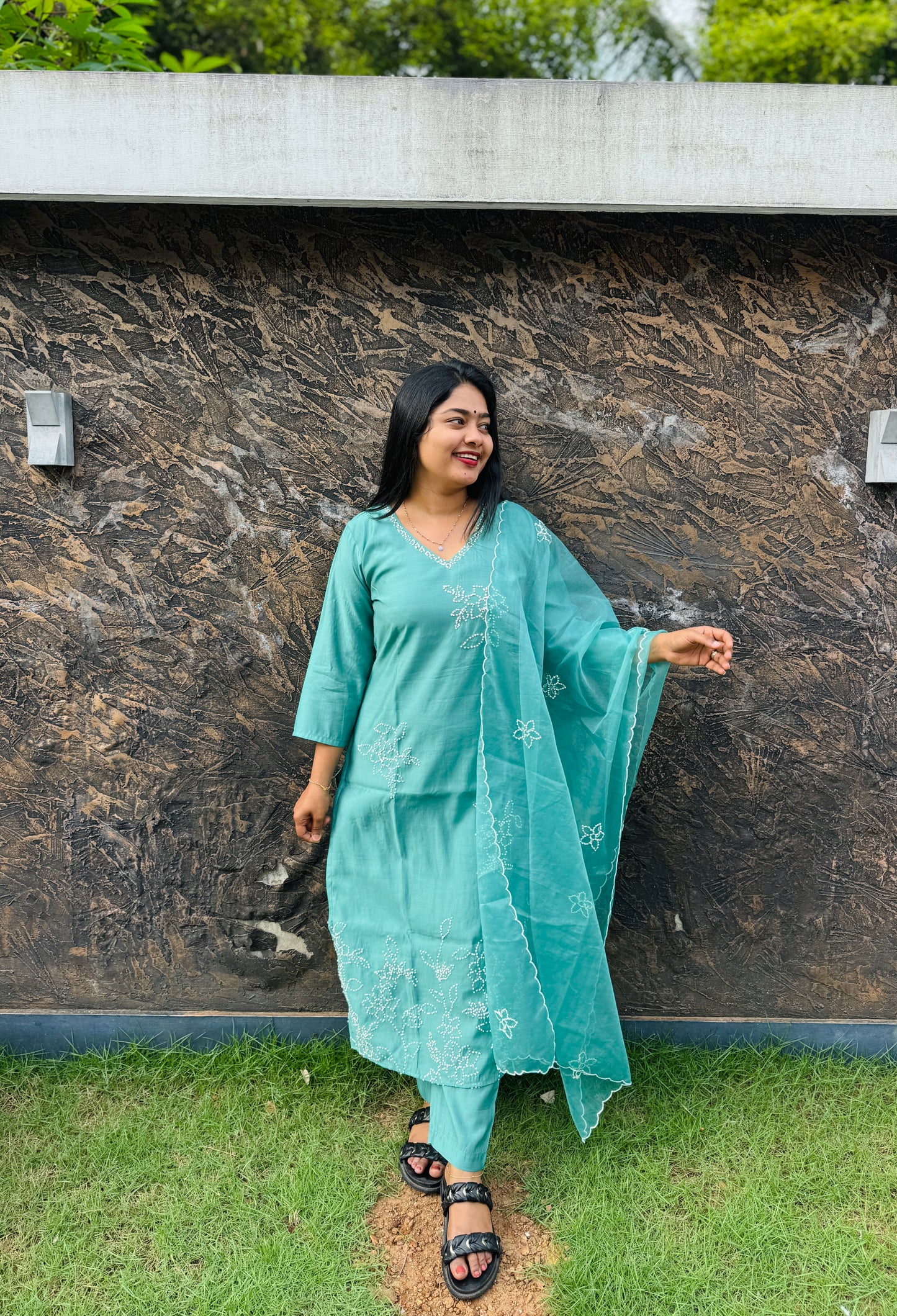 Festive Function Wear | Aqua Blue Three Piece Set A- 1555