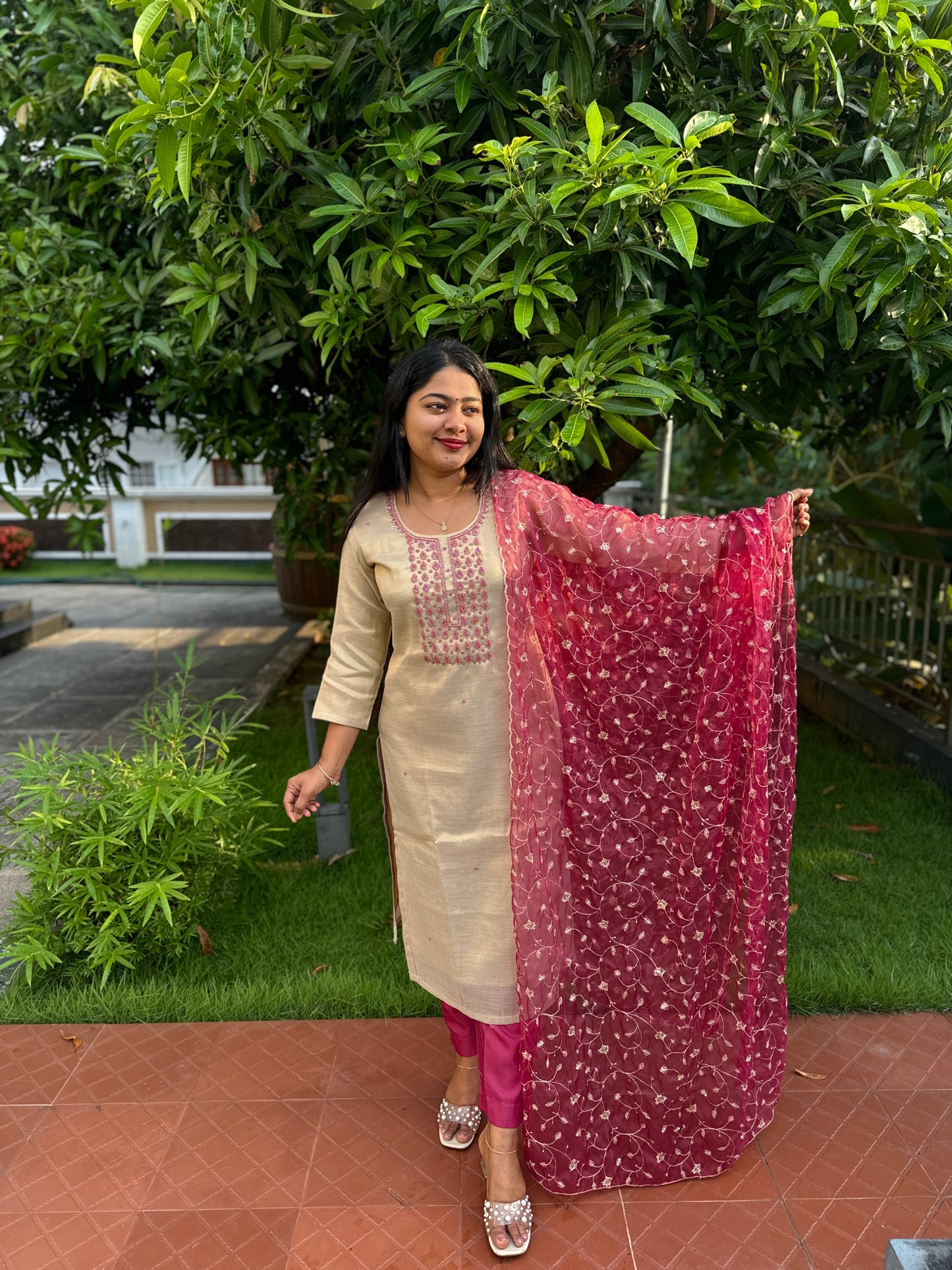 Tissue Silk 3 Piece Salwar Suit with intricate thread work- A1320