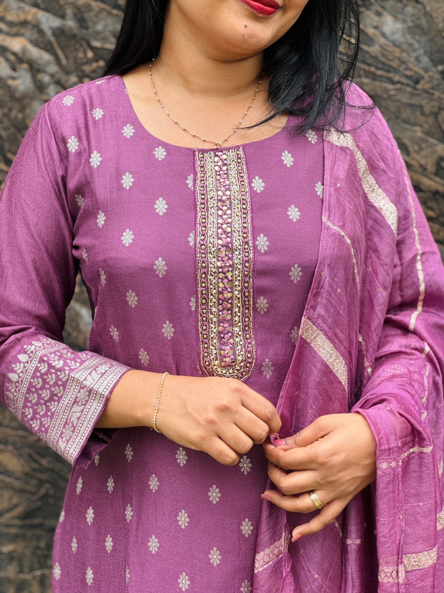 Elegant olive green & Purple silk 3 piece Salwar Suit-A1001