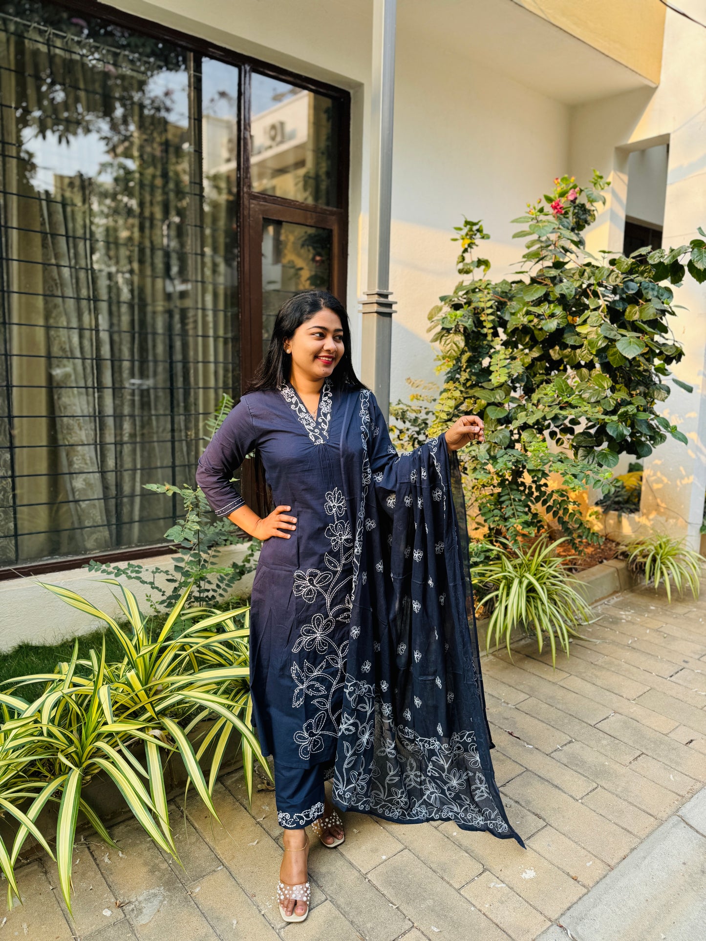 Blue Soft cotton 3 Piece Salwar Suit with intricate thread work- A1311