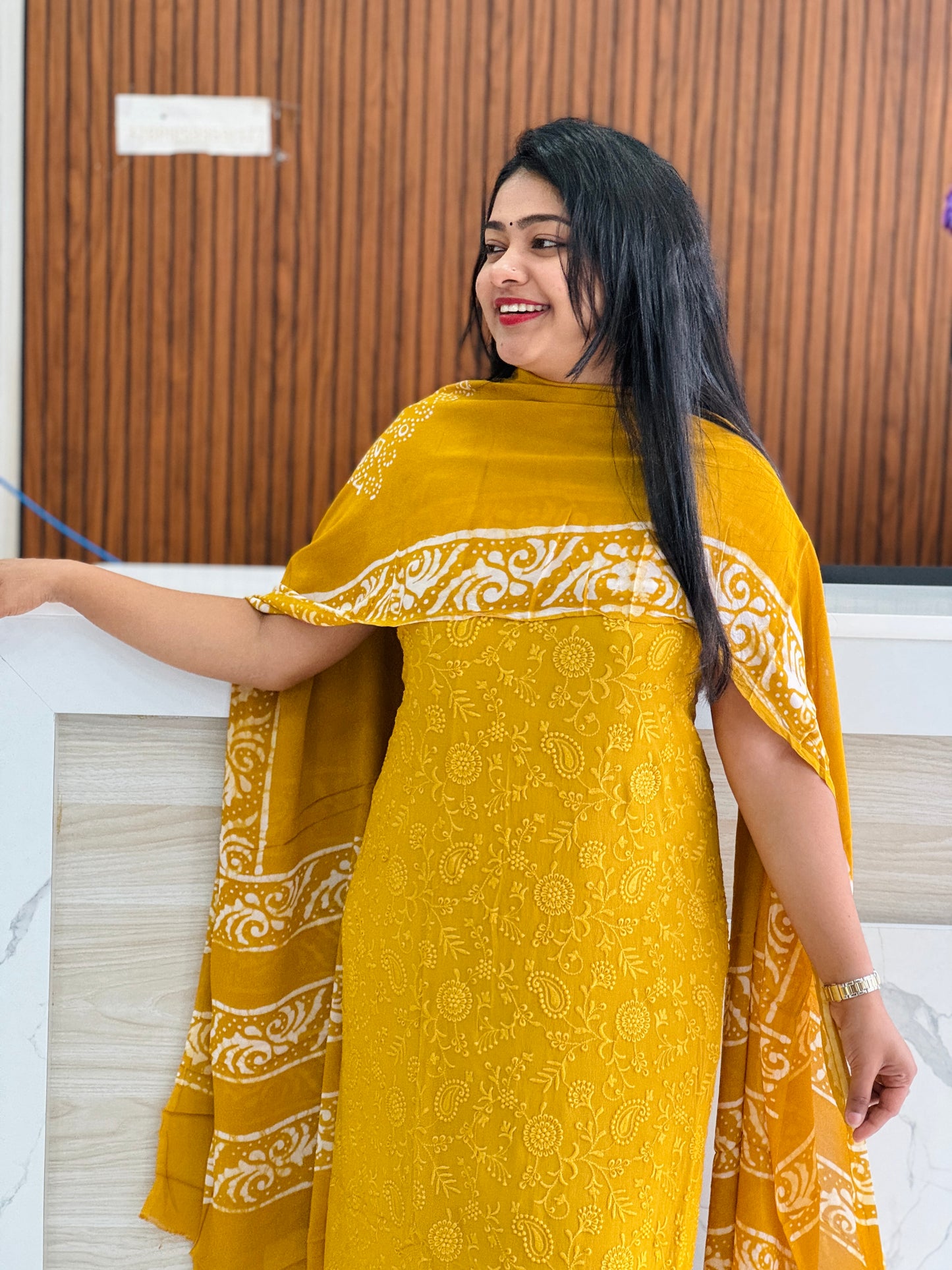 Batik Print | Embroidery Georgette Fabric | Premium Unstitched Churidar Material A1758