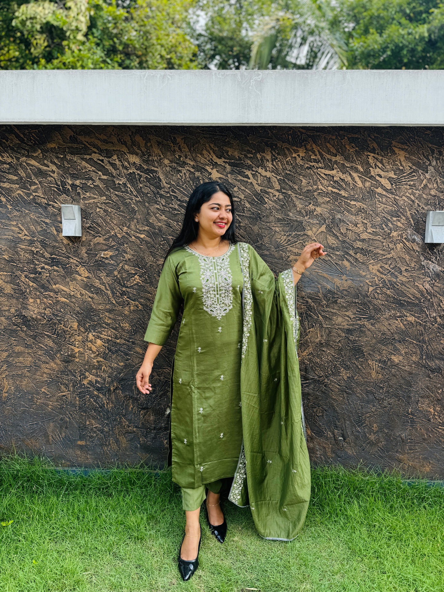 Handcrafted Soft Silk Salwar Set in Lavender & Olive Green - A1364