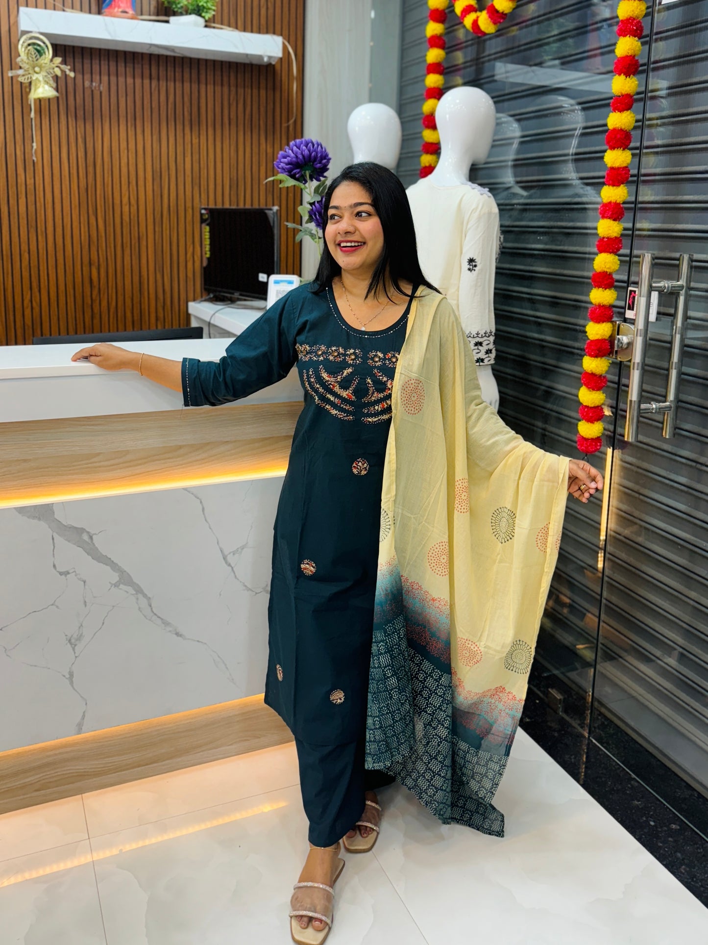 Teal Blue Cotton Kurti with Ajrak Patch Work & Beige Dupatta