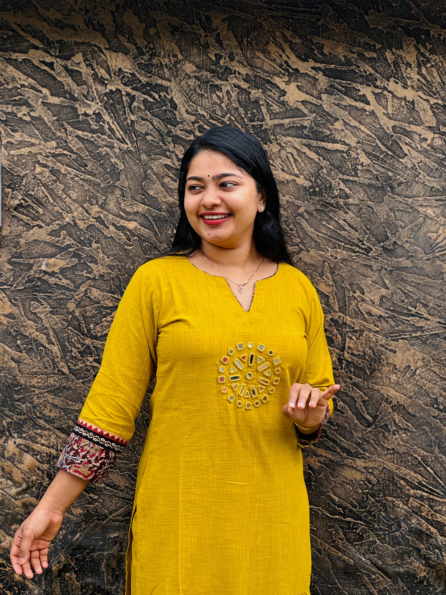 Lime Yellow Soft Cotton Cord Set Adorned with graceful Kalamkari pattern- A1427