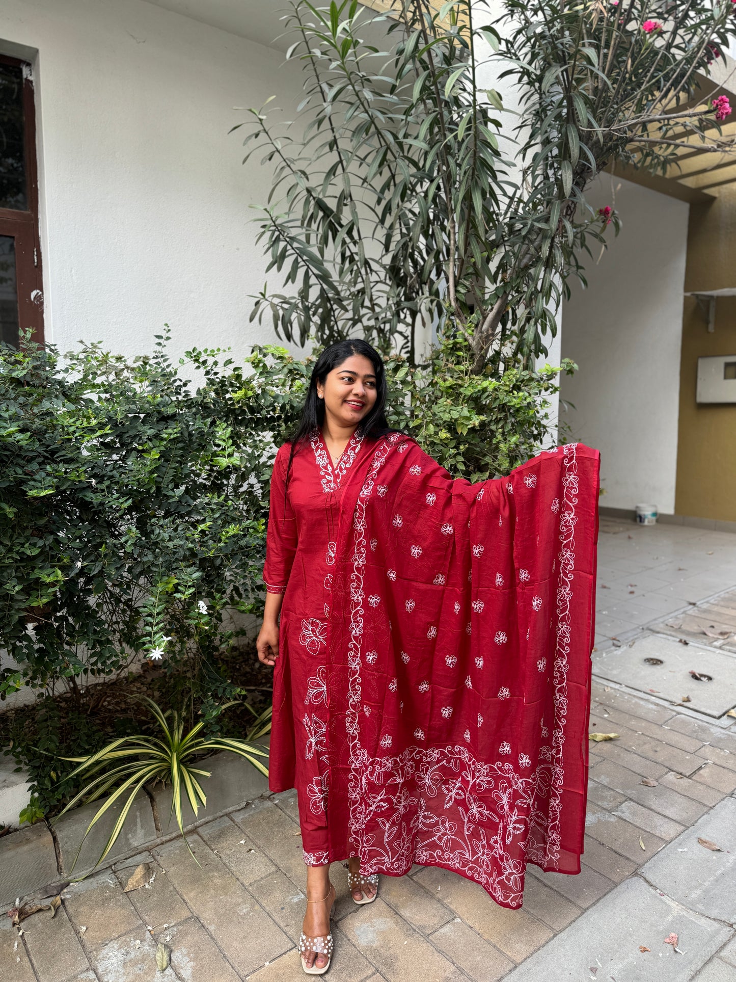 Maroon Soft cotton 3 Piece Salwar Suit with intricate thread work- A1311