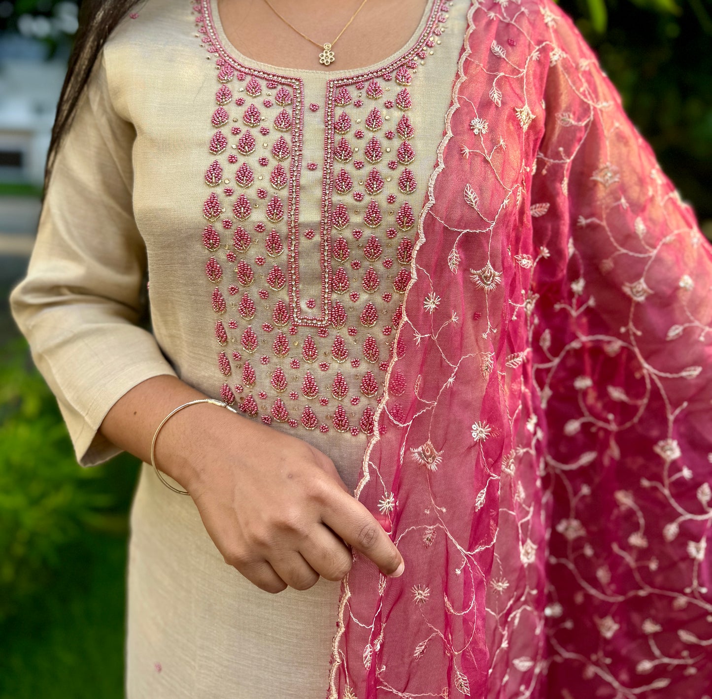 Tissue Silk 3 Piece Salwar Suit with intricate thread work- A1320