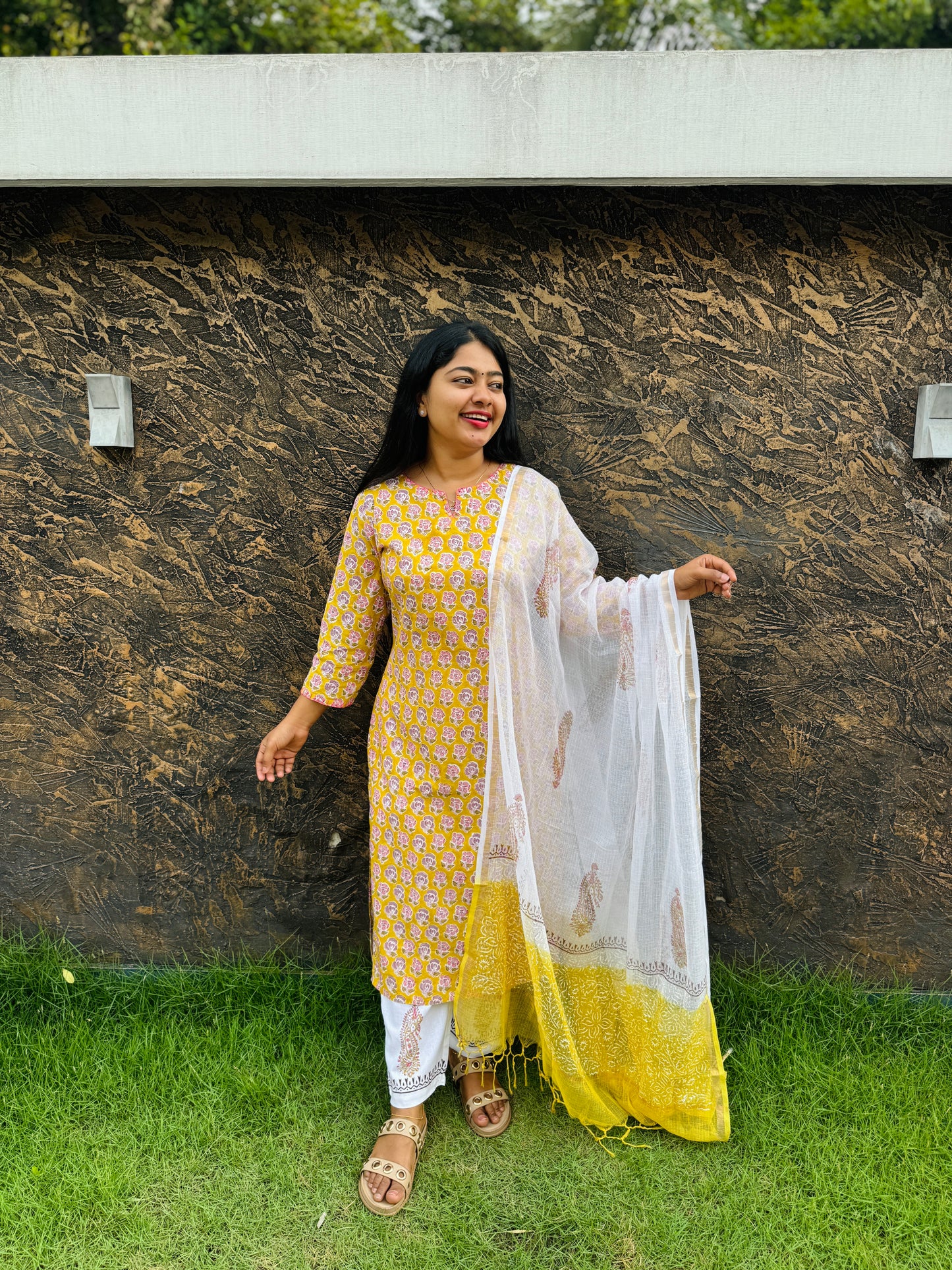 Cotton Handblock 3-Piece Salwar Set – Yellow & White - A1375