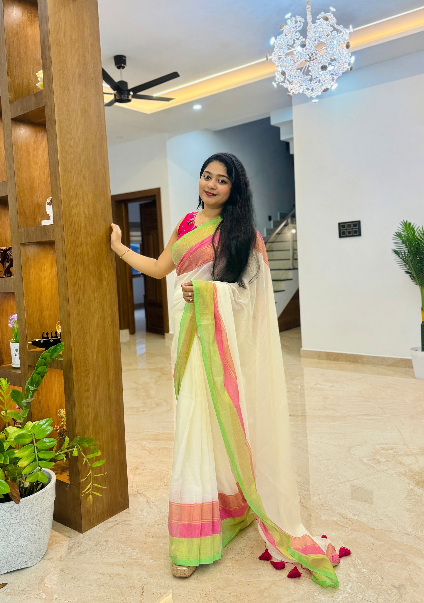Onam Elegance in Mulcotton Saree ( Green & Pink ) A1949