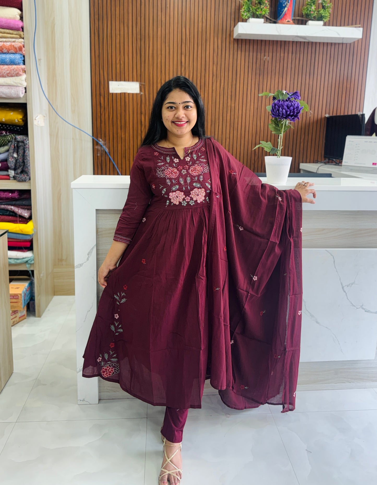 Maroon Color Mul Cotton Embroidered 3-Piece Set A1775
