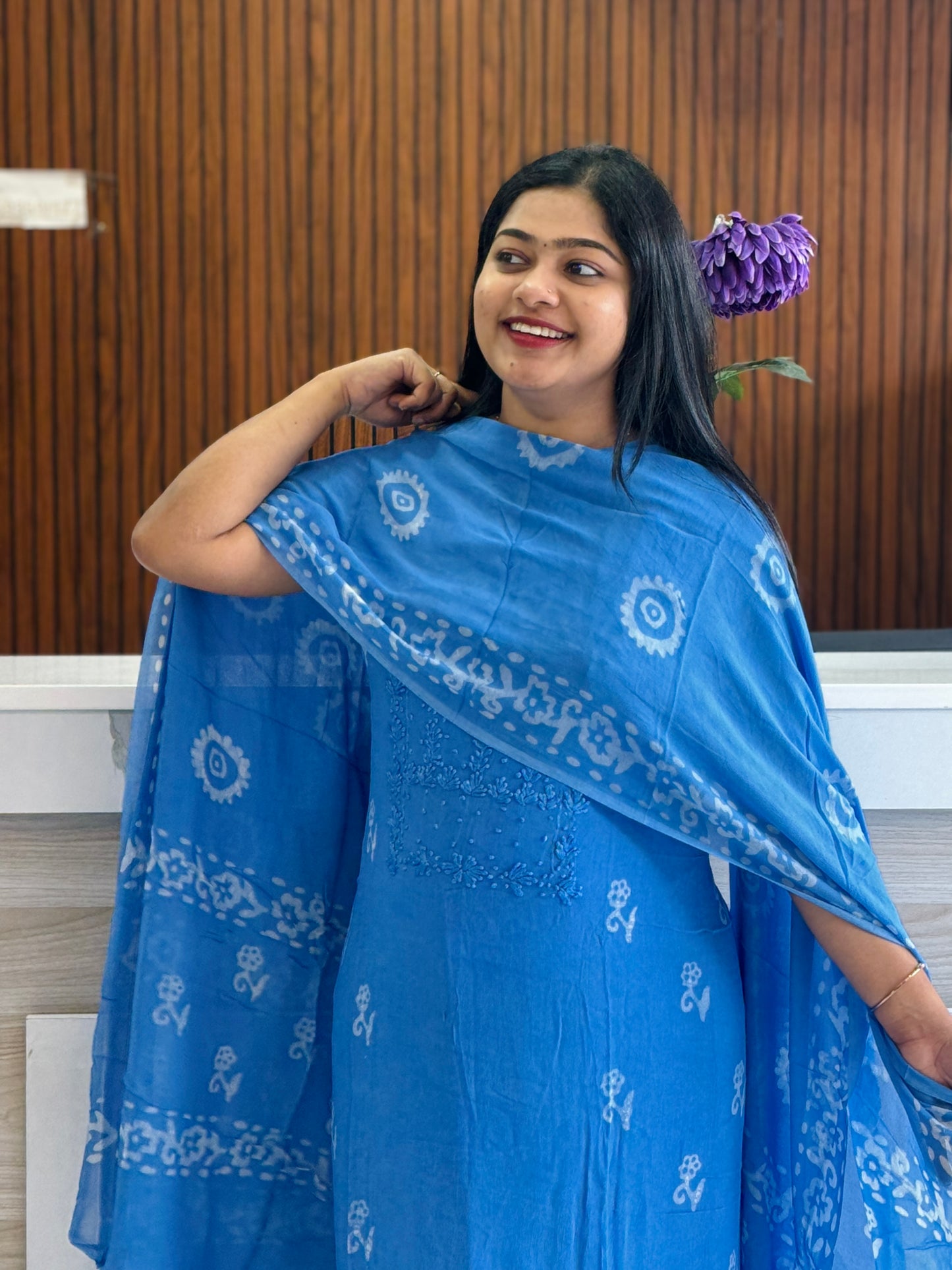 Blue | Batik Print | Georgette Fabric | Premium Unstitched Churidar Material A1976