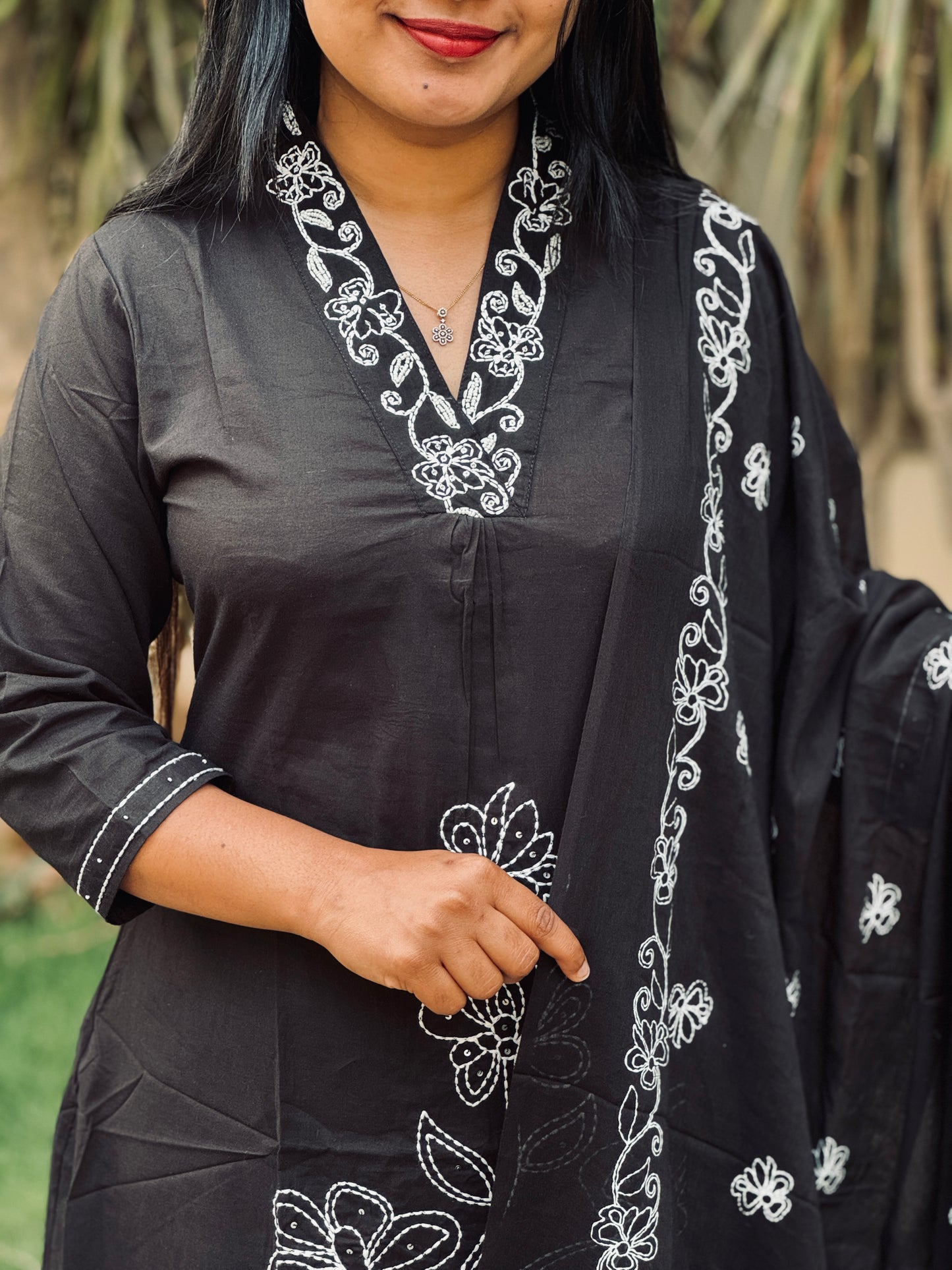 Black Soft cotton 3 Piece Salwar Suit with intricate thread work- A1311