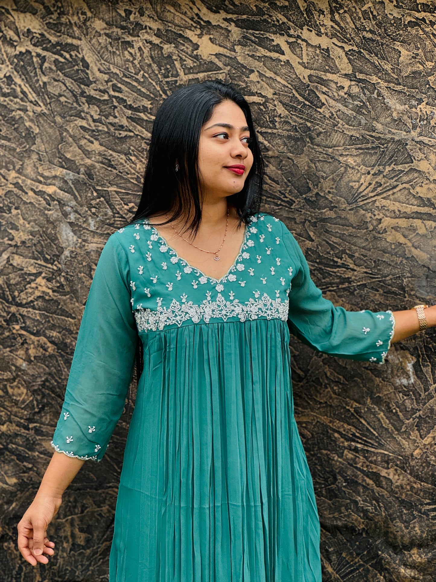 Premium Georgette Elegance ✨ Stunning mustard yellow and teal green - A1487