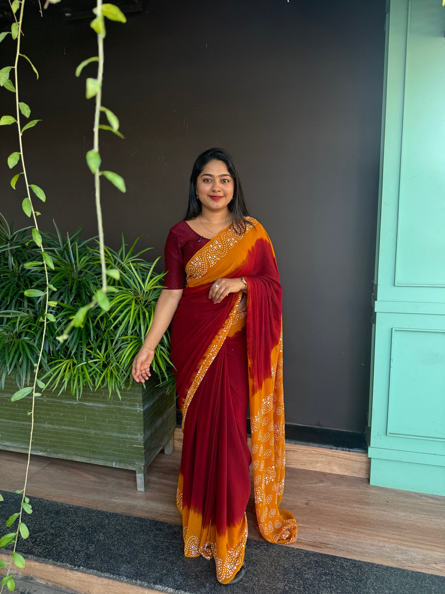 Maroon & Yellow Viscose Georgette Saree A1588