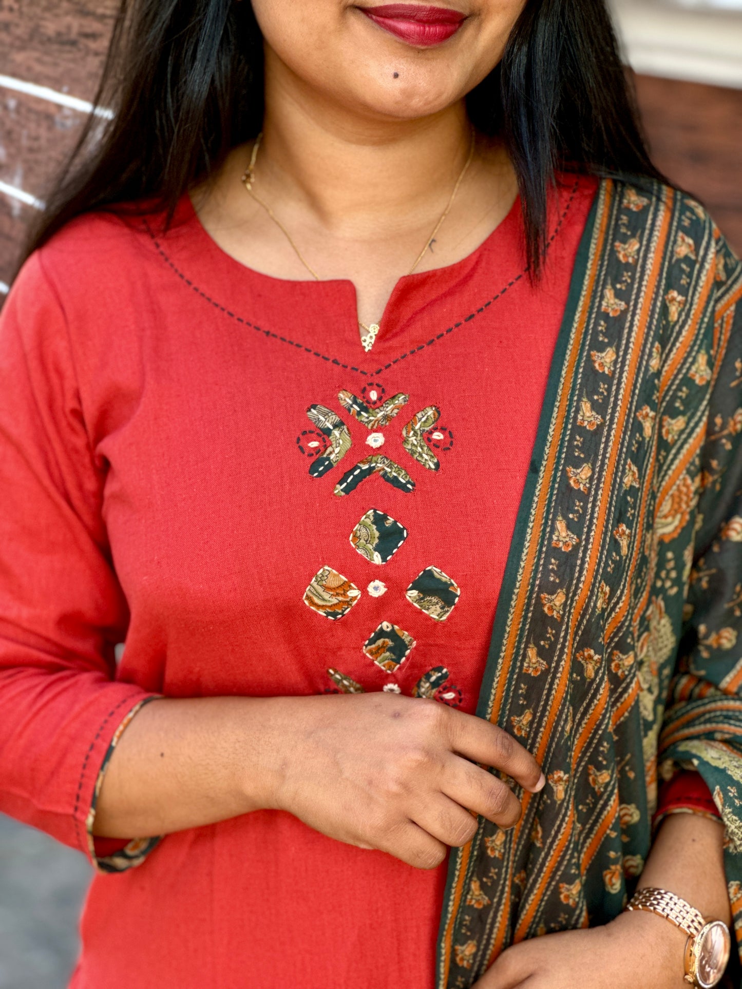 Rust Colour Khadi Cotton Slitted 2 piece Kurti with Applique Work - A1322