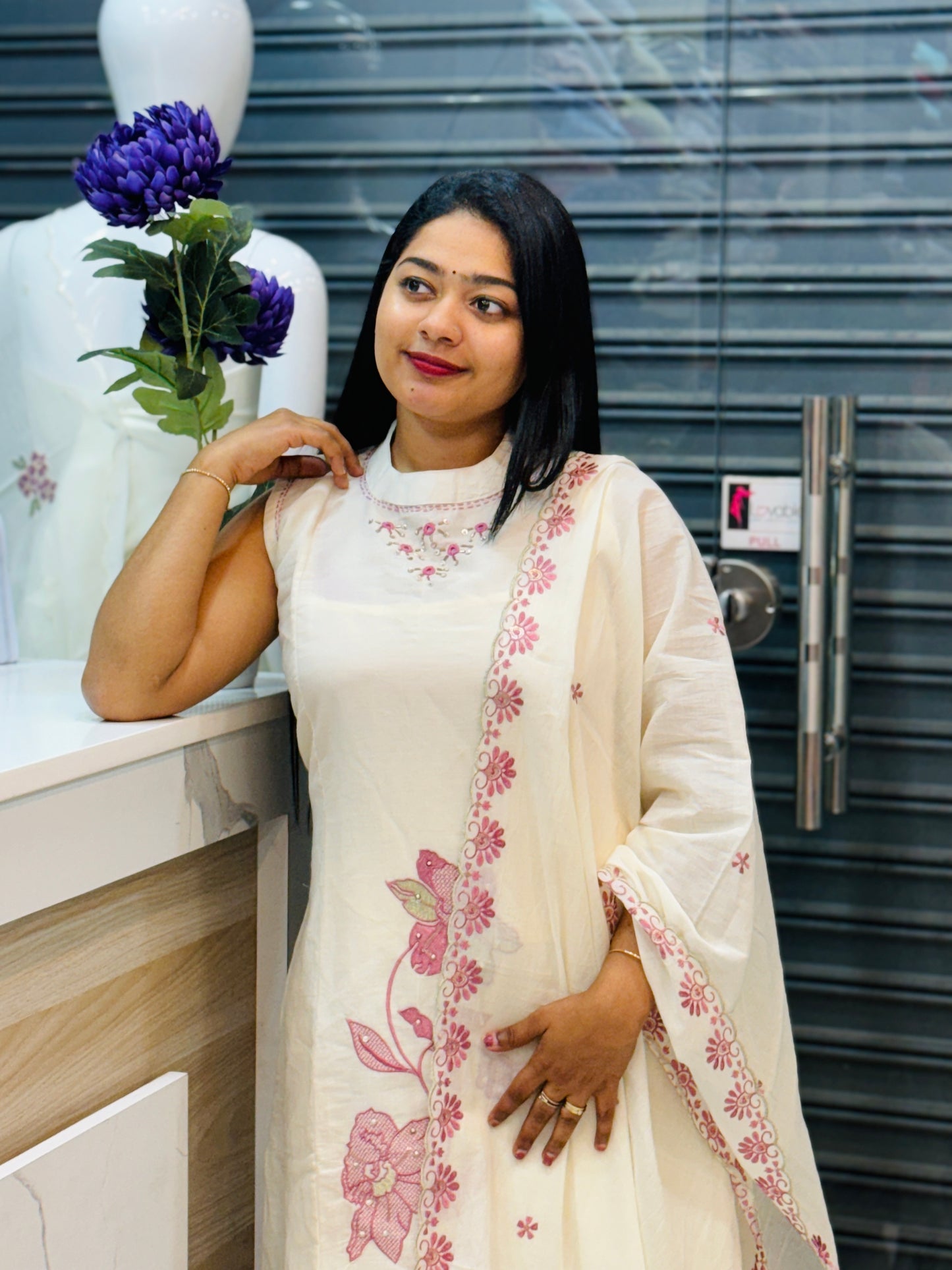 Festive Pink Embroidery High-Neck Dress