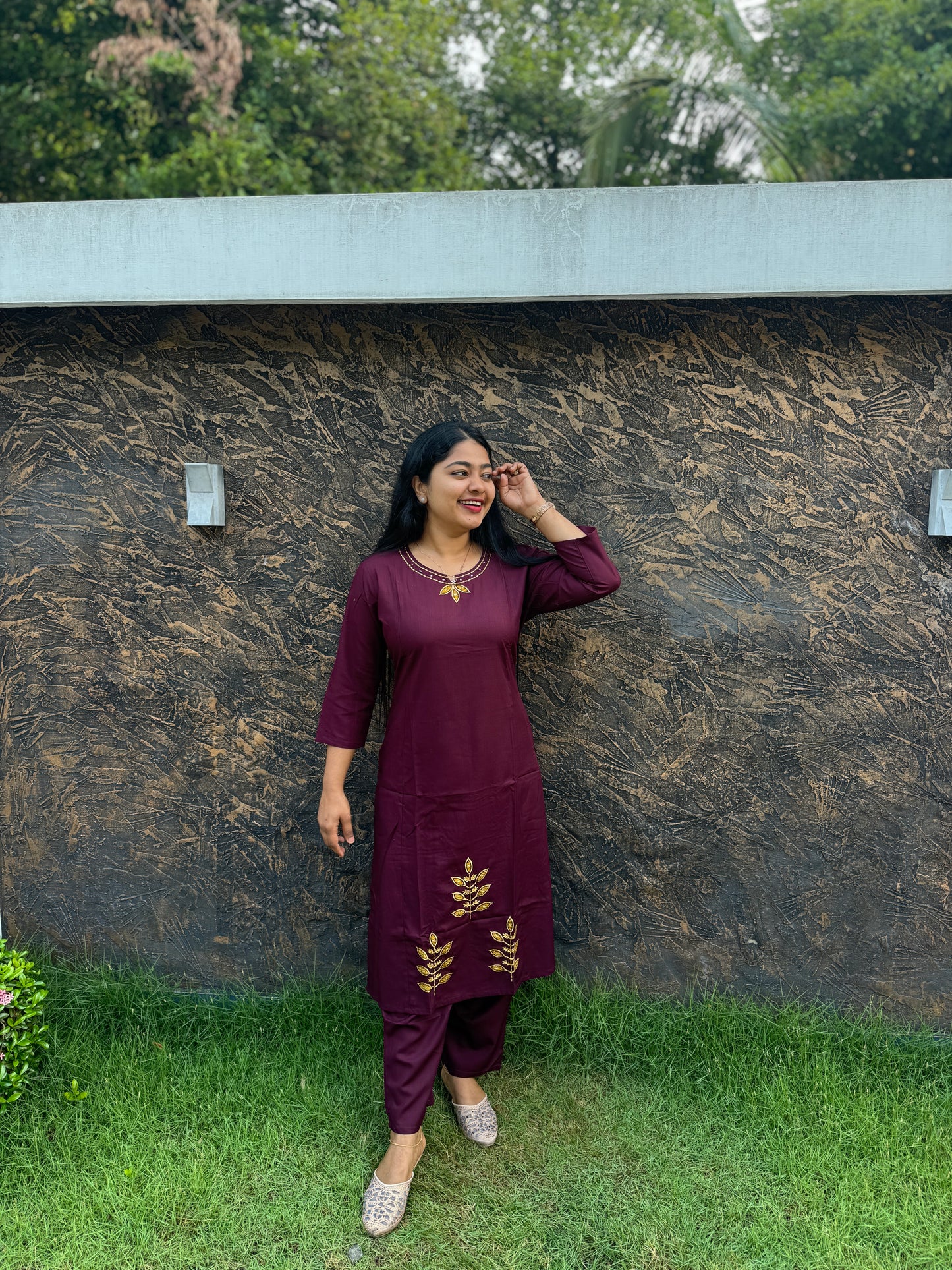 Elegant Wine Semi-Modal Silk Kurti – Applique & Kantha Work - A1385