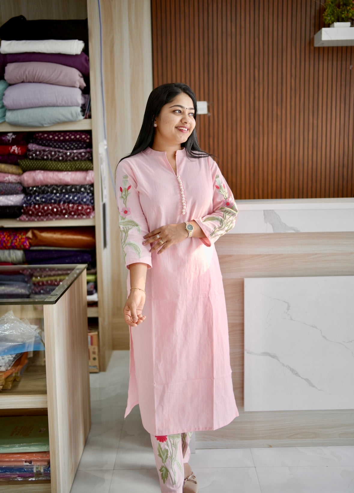 Off white & baby pink Cotton Co-ord Set A1606