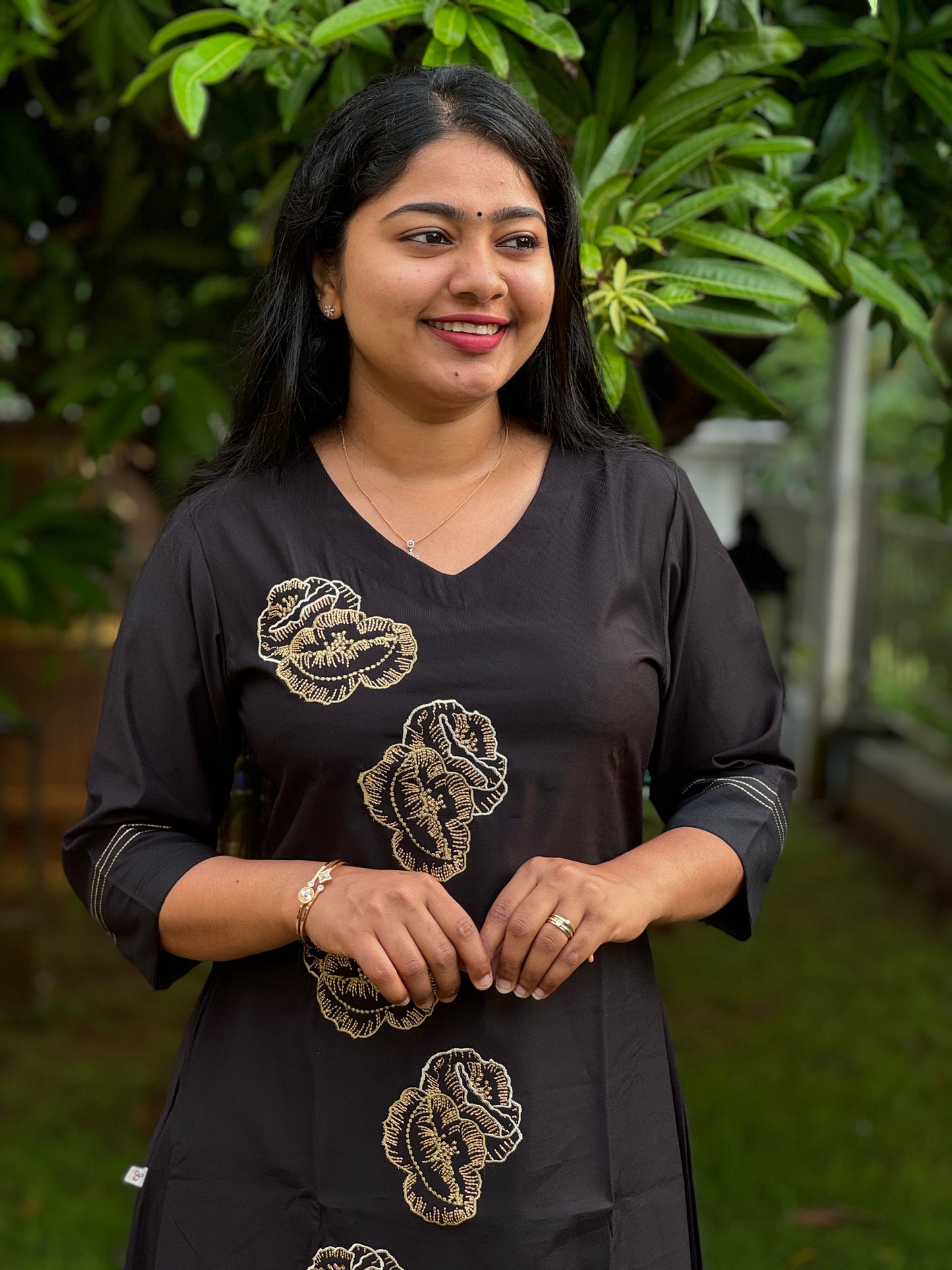 Black Viscous Pure Cotton Embroidery Top -A1329