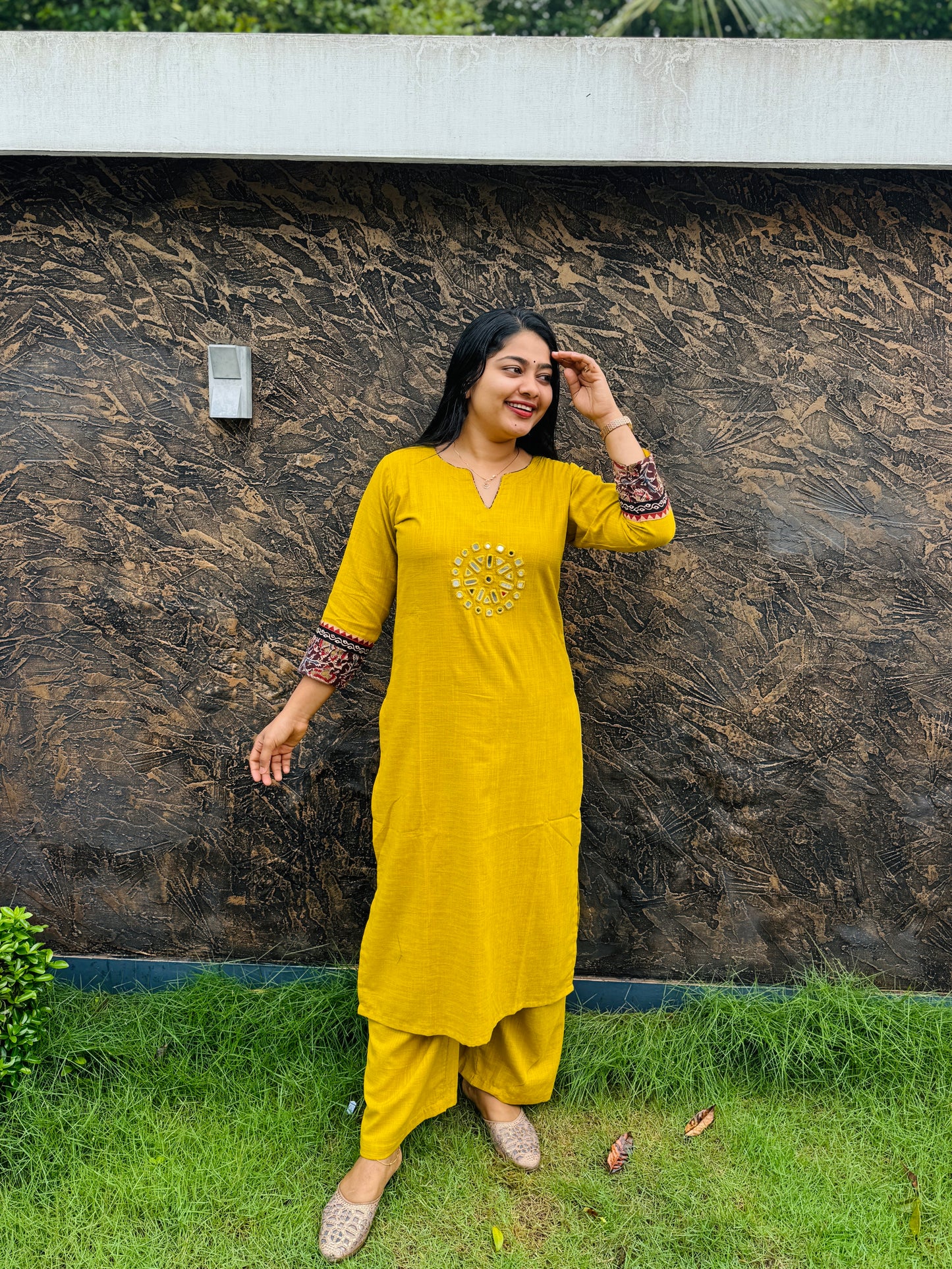 Lime Yellow Soft Cotton Cord Set Adorned with graceful Kalamkari pattern- A1427