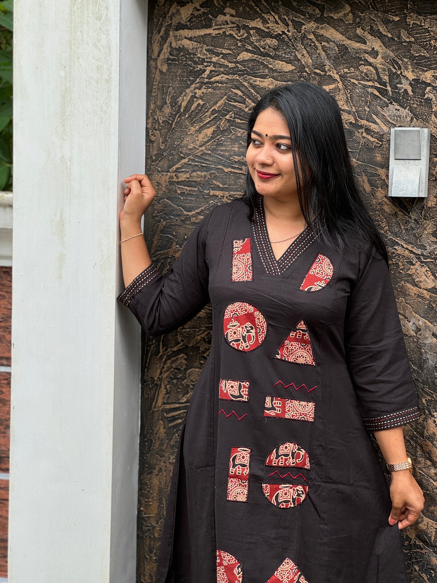 Black Khadi Cotton Cord Set with Ajrak Detailing