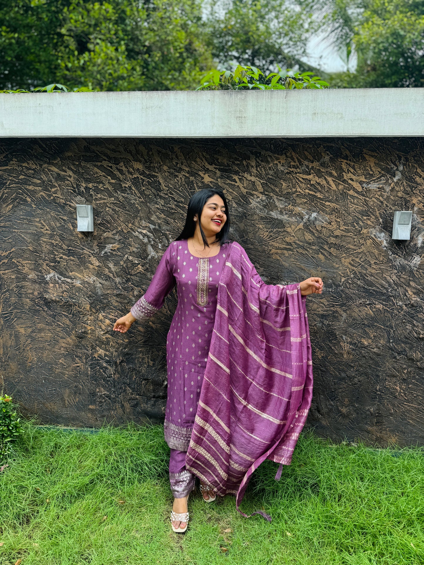 Elegant olive green & Purple silk 3 piece Salwar Suit-A1001