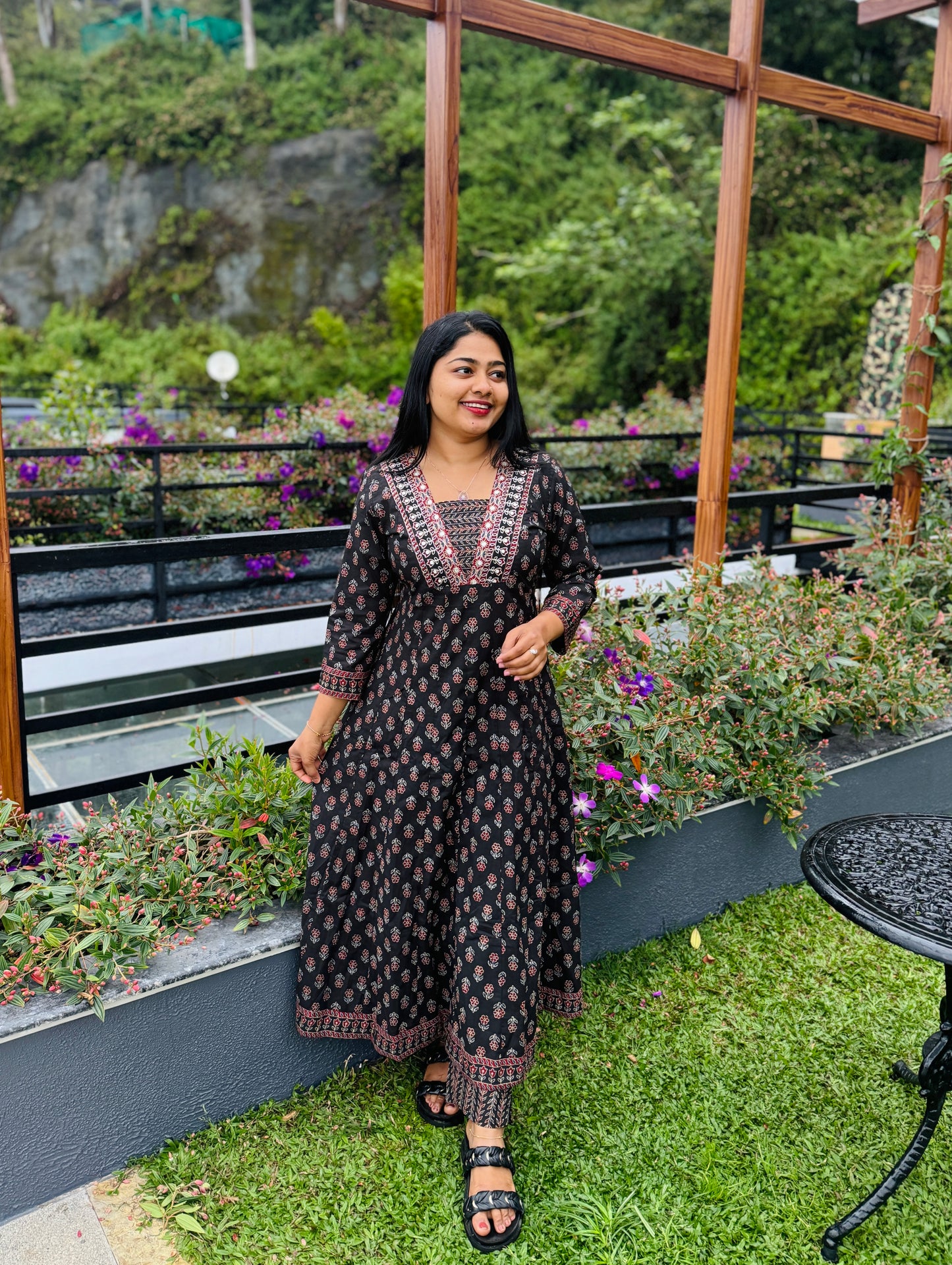 Black with floral print Cotton Anarkali 3 piece Salwar Set A- 1568