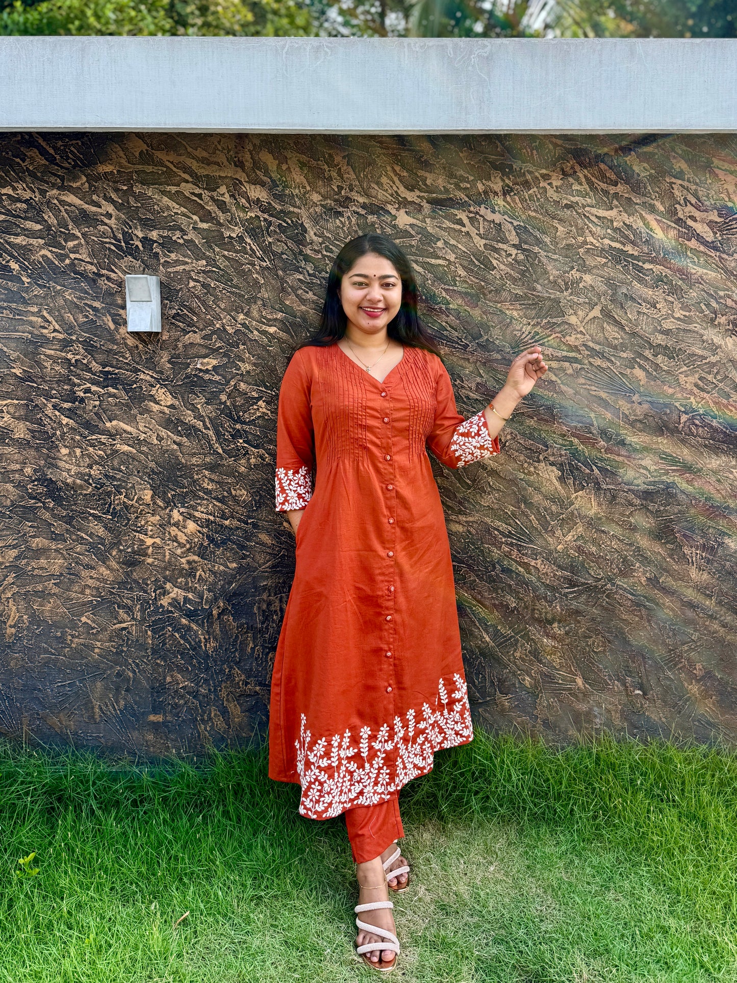 Elegant Brick Red Khadi Cotton Cord Set with Intricate Thread Work - A1396