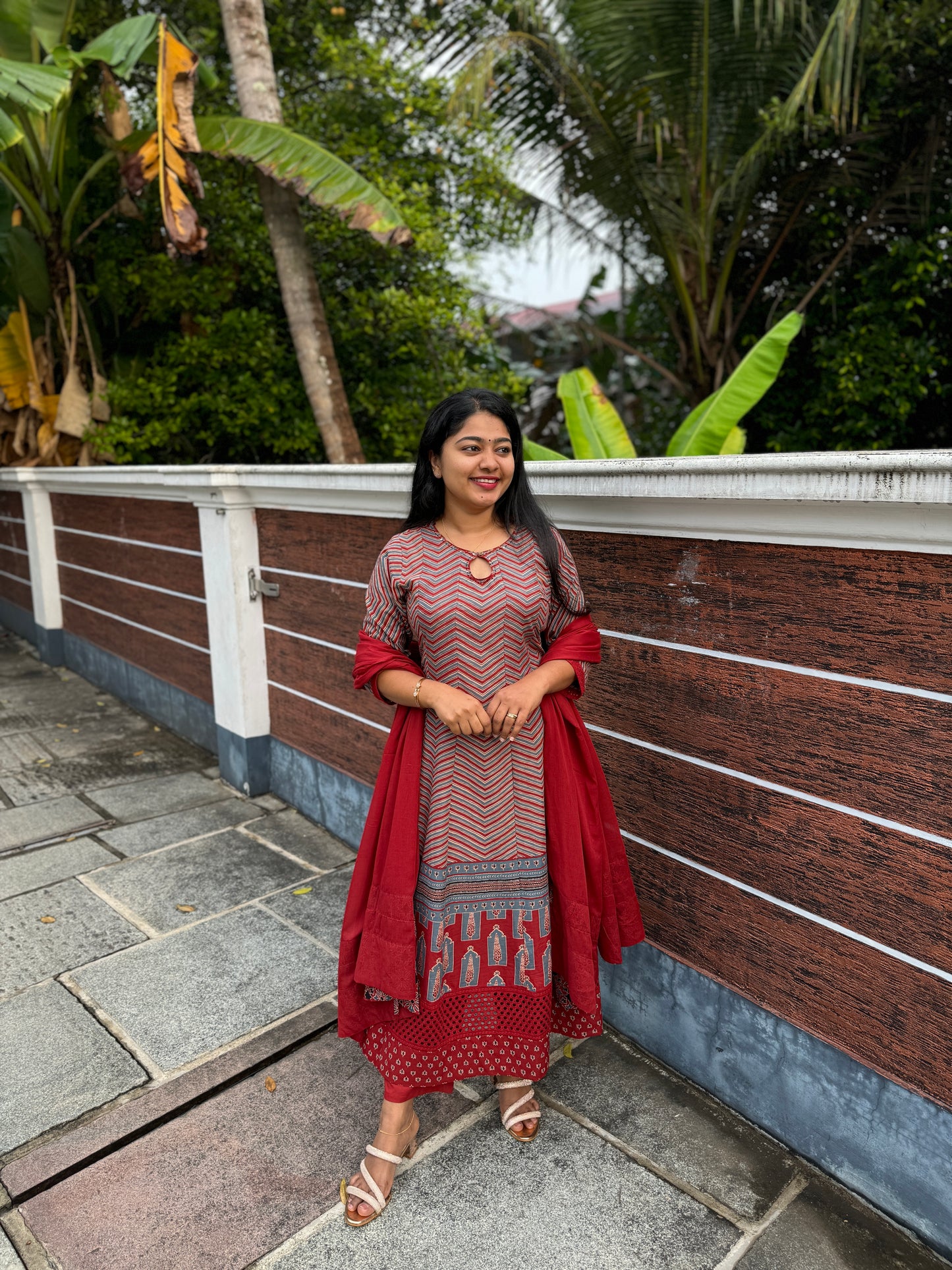 Ajrakh inspired Zig zag cotton 3 Piece Anarkali Set with Hakoba Edge- A1328