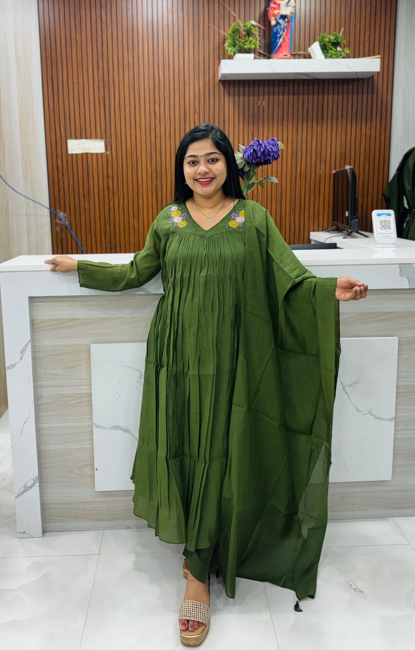 Olive Green Premium 3-Ps Chanderi Silk Set A1980