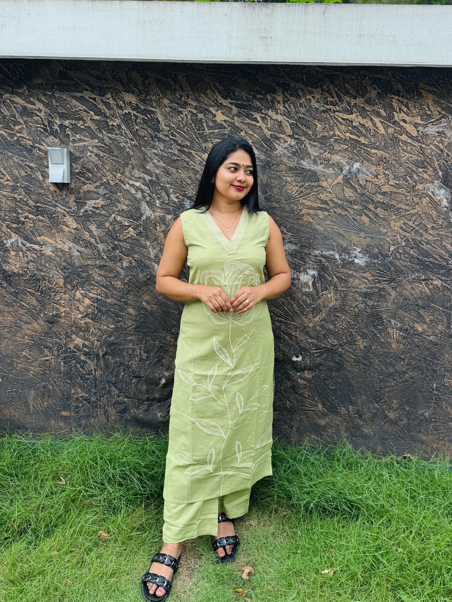 Pista Green & Mustard Yellow Khadi Cotton Corset Set A - 1518
