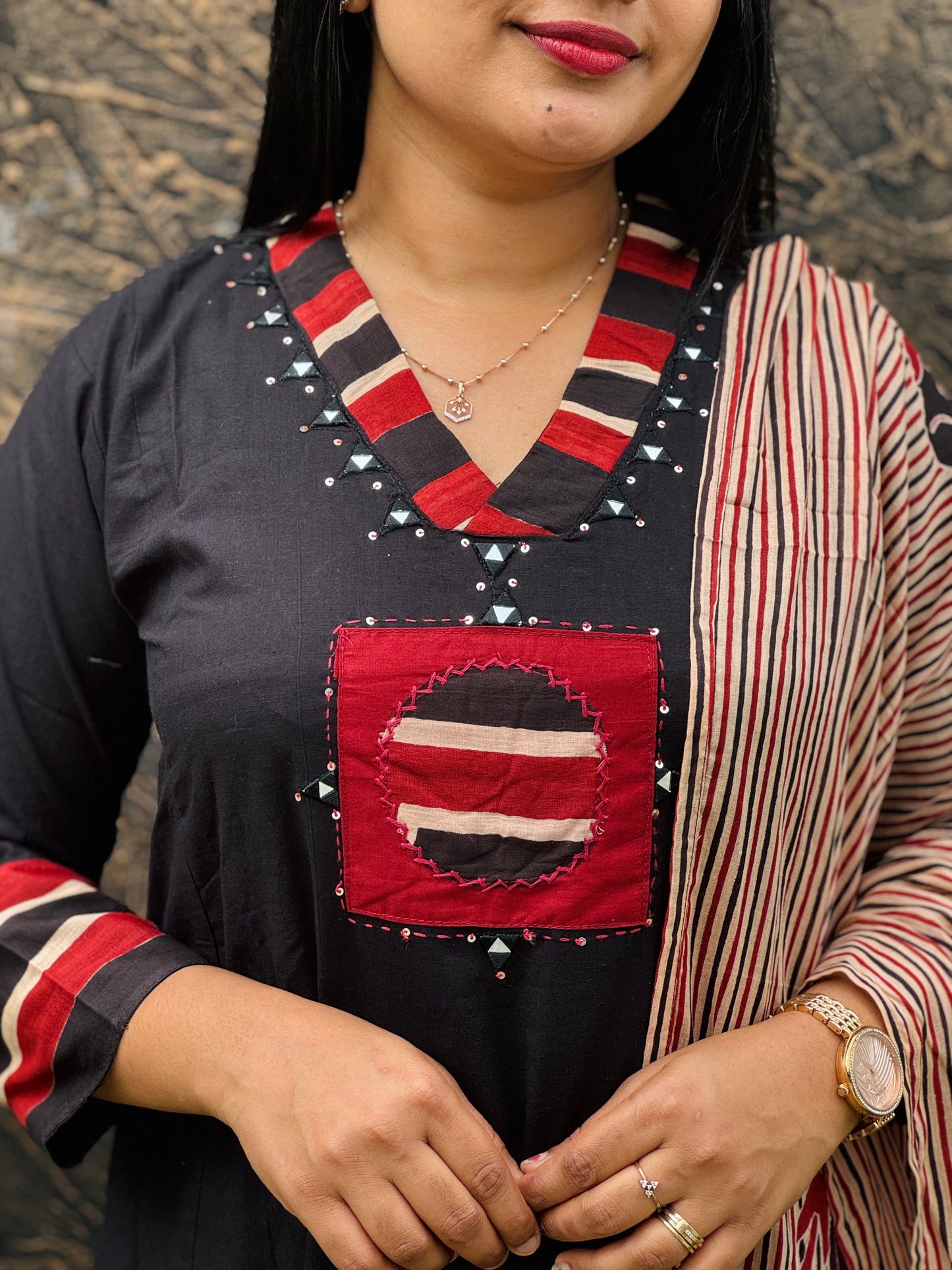 Premium Cotton Salwar Set Black & Red Elegance -A1490