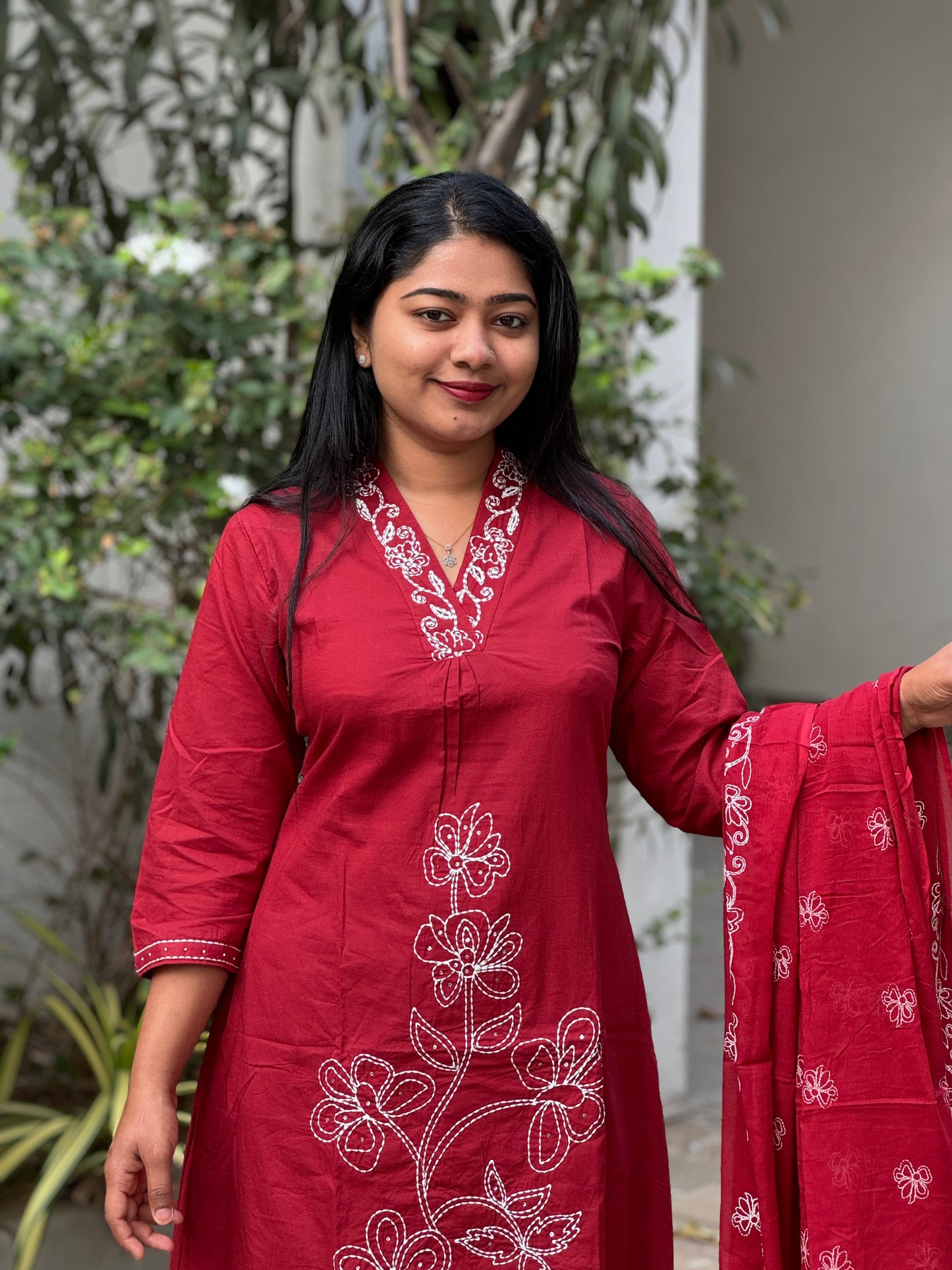Maroon Soft cotton 3 Piece Salwar Suit with intricate thread work- A1311