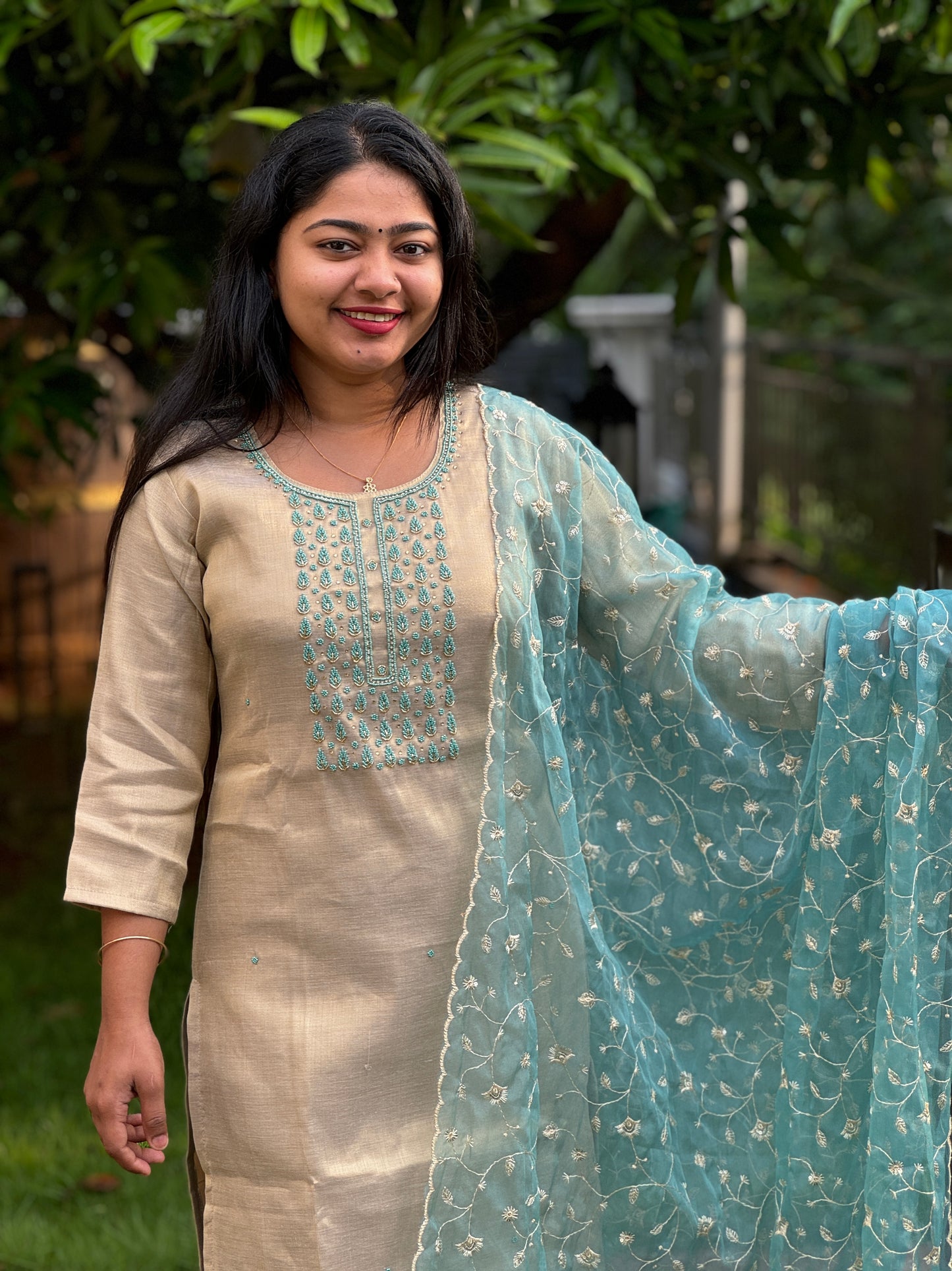 Tissue Silk 3 Piece Salwar Suit with intricate thread work- A1320