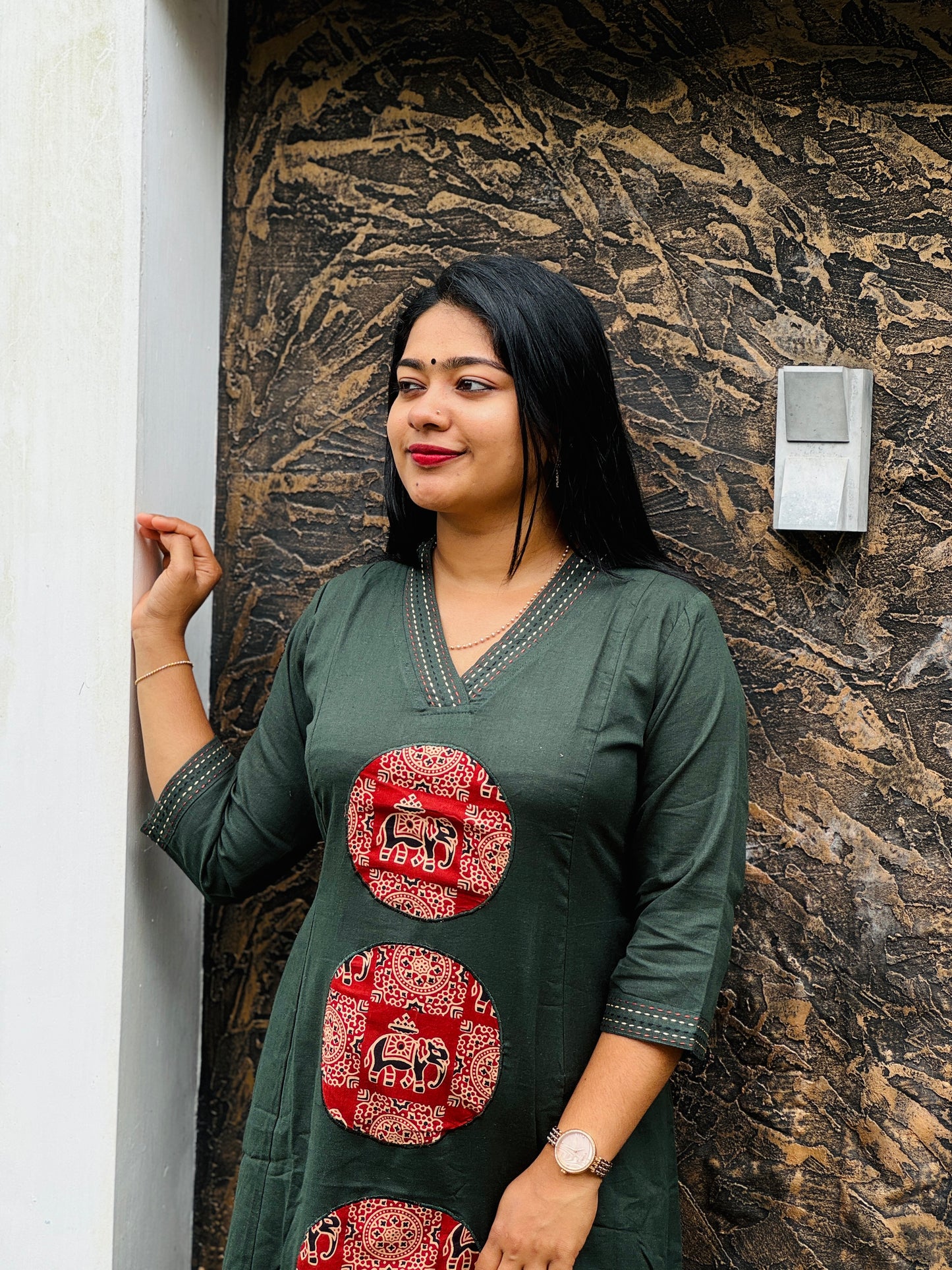 Bottle green Khadi Cotton Cord Set with Ajrak Detailing