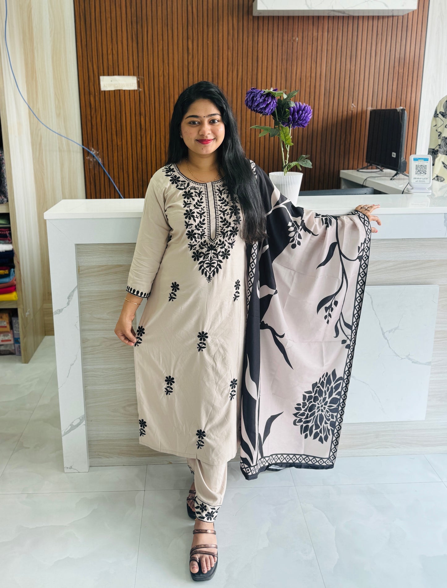 Beige & Black Combo Chikankari 3ps set A1928