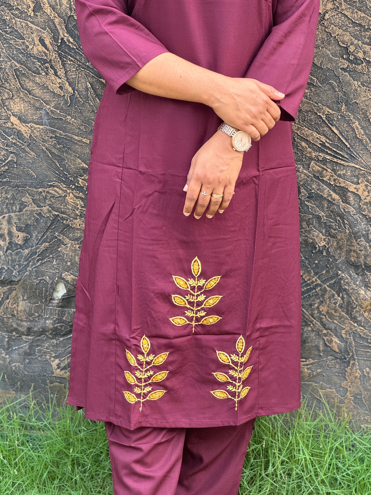 Elegant Wine Semi-Modal Silk Kurti – Applique & Kantha Work - A1385