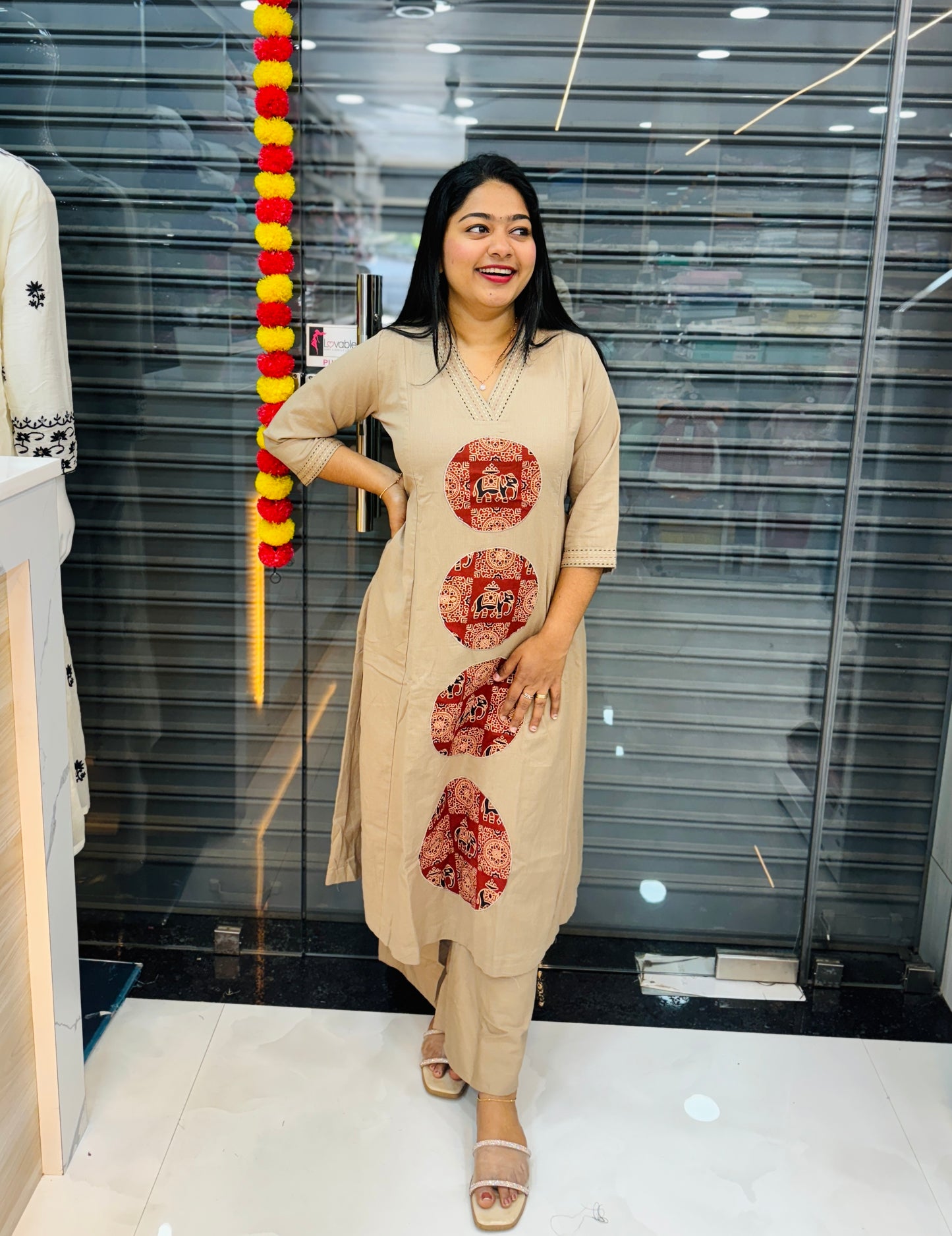 Beige Khadi Cotton Cord Set with Ajrak Detailing