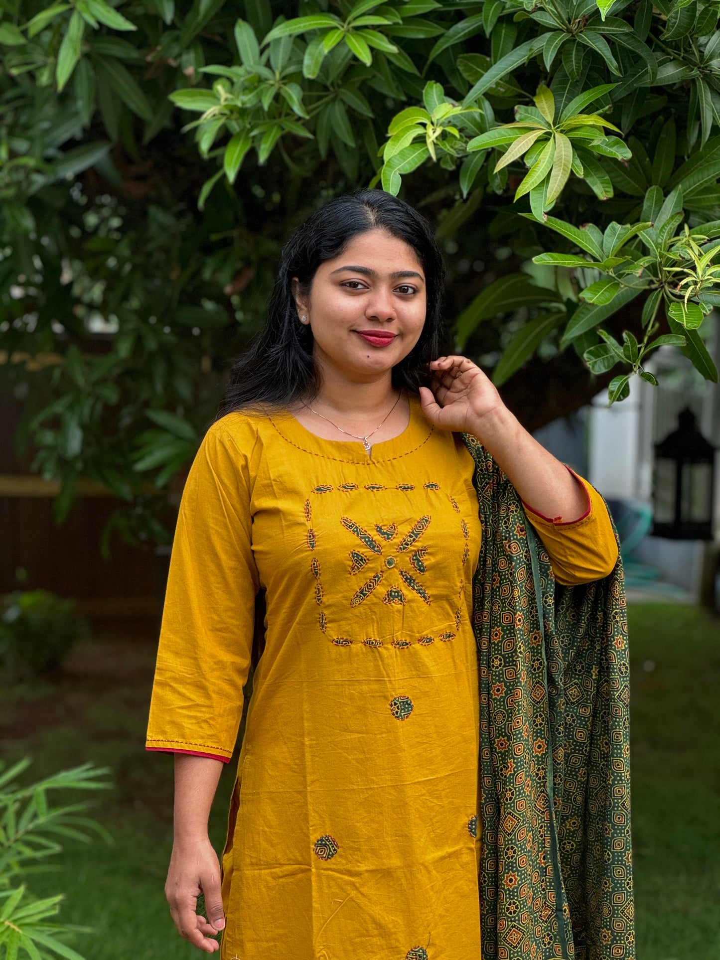 Golden Radiance: Pure Cotton Yellow Salwar with Green Ajrakk Dupatta- A1368