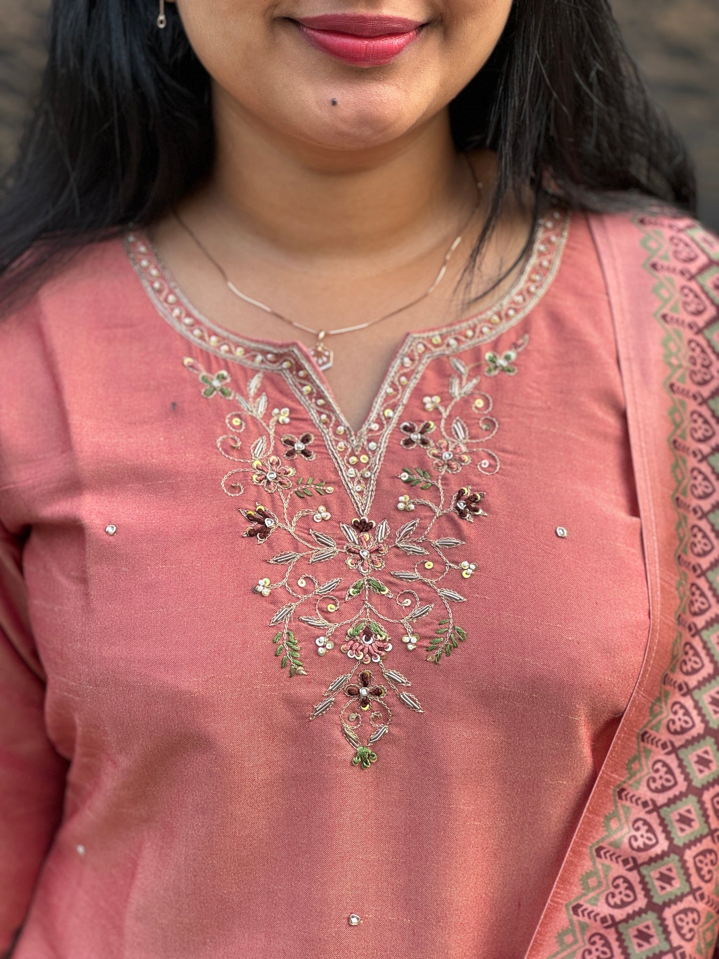Royal Jute cotton -3 Piece Salwar Suit with intricate thread work and Chanderi Silk Duppatta -A1340