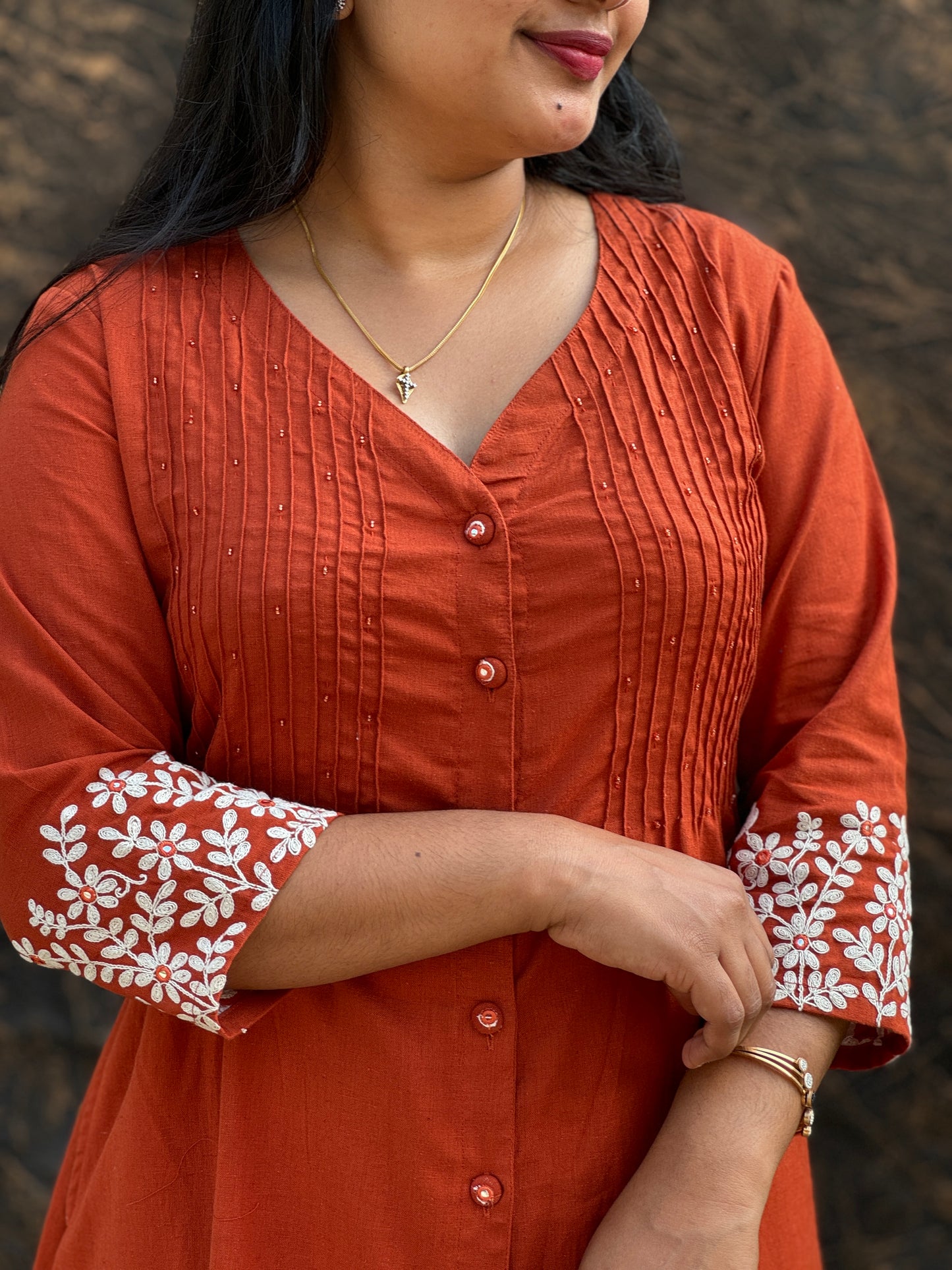 Elegant Brick Red Khadi Cotton Cord Set with Intricate Thread Work - A1396