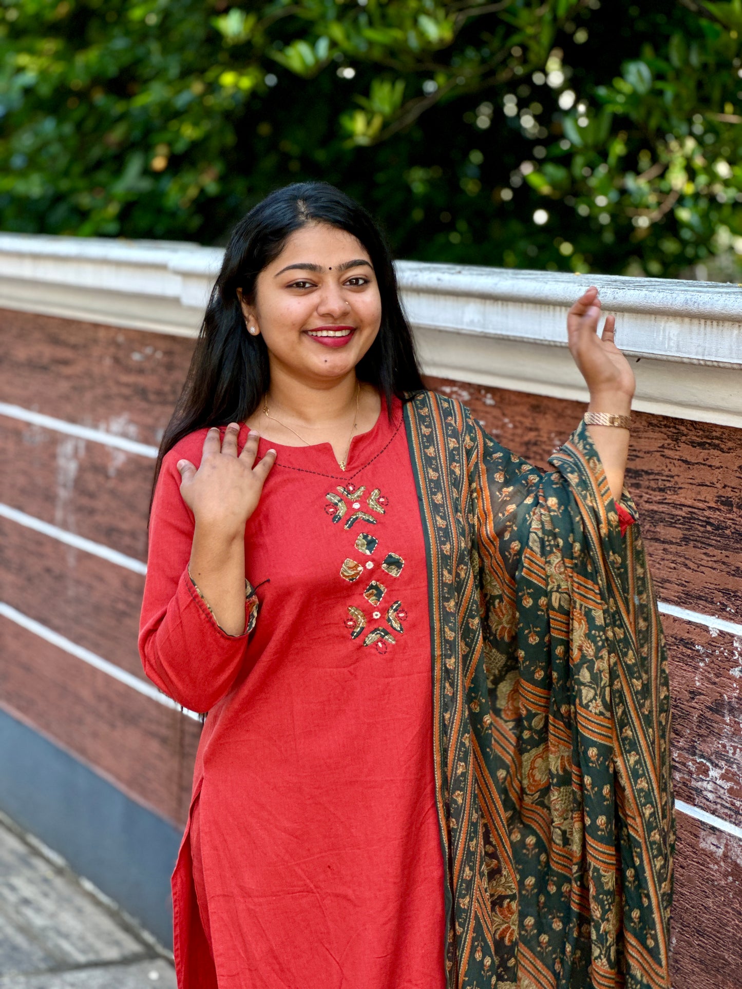 Rust Colour Khadi Cotton Slitted 2 piece Kurti with Applique Work - A1322