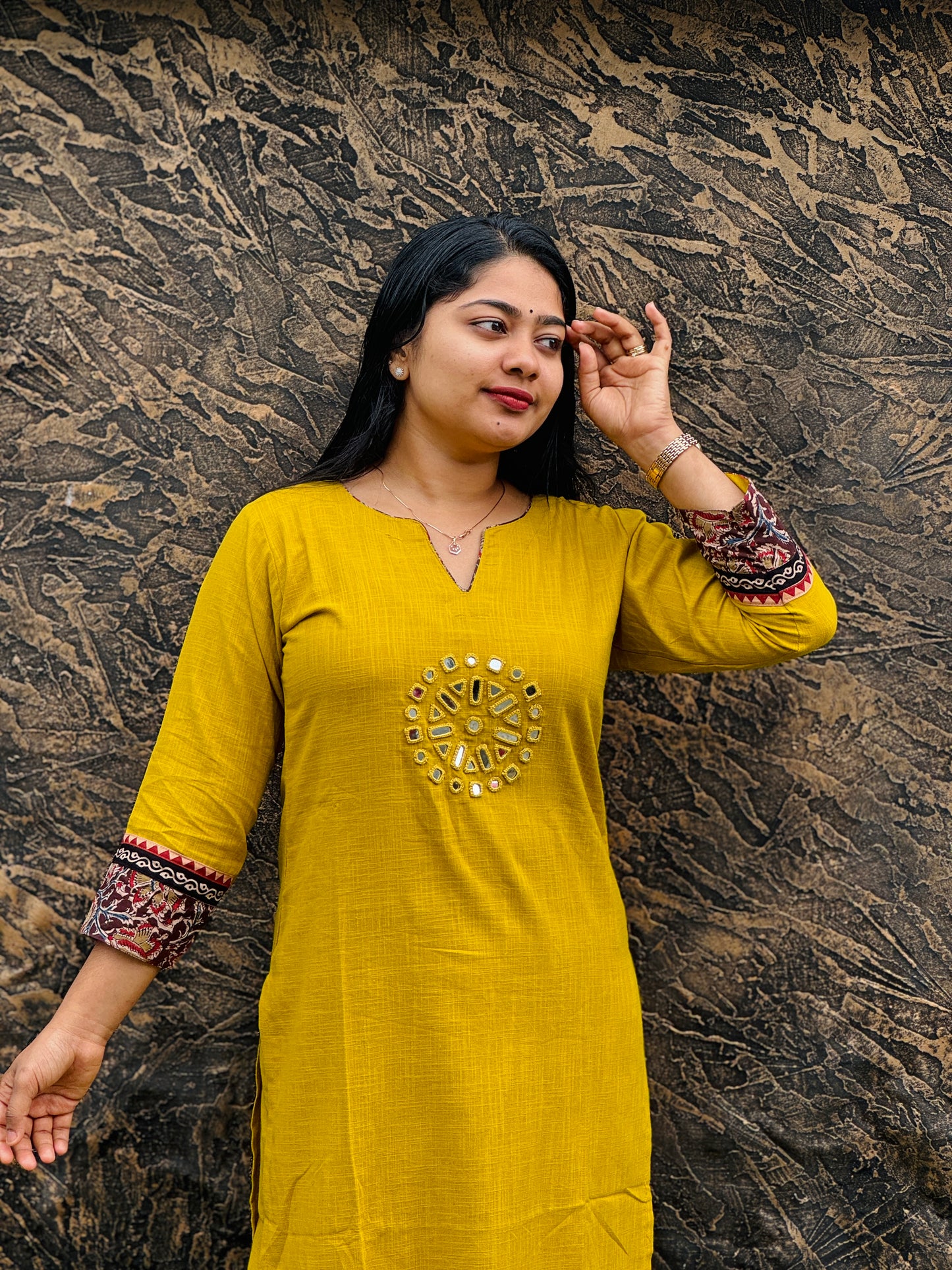 Lime Yellow Soft Cotton Cord Set Adorned with graceful Kalamkari pattern- A1427