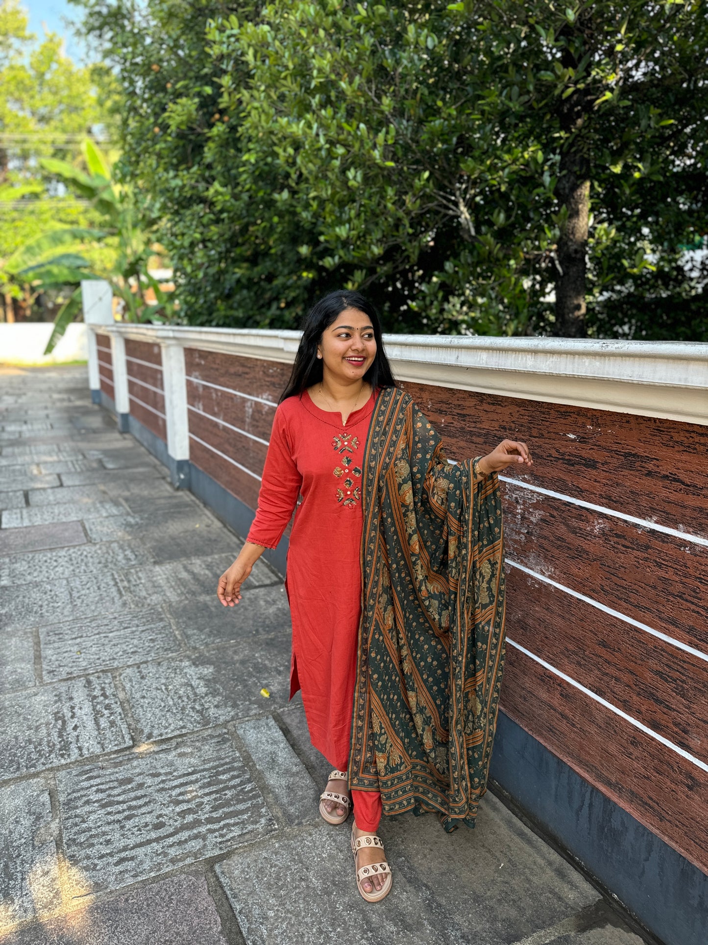 Rust Colour Khadi Cotton Slitted 2 piece Kurti with Applique Work - A1322