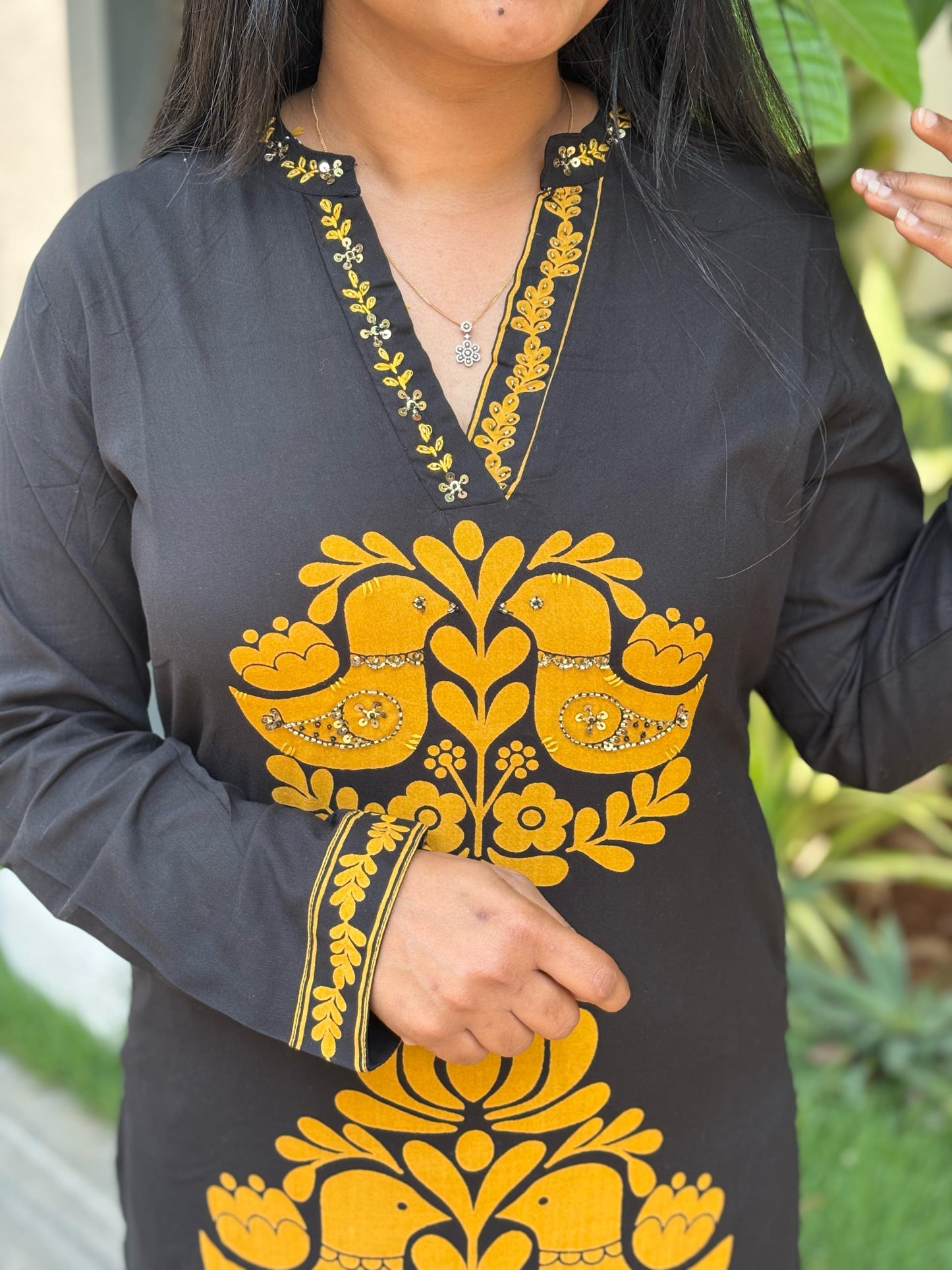 Elegant Black 2 piece Cotton Co-ord Set with digital print and striped bottom - A1441