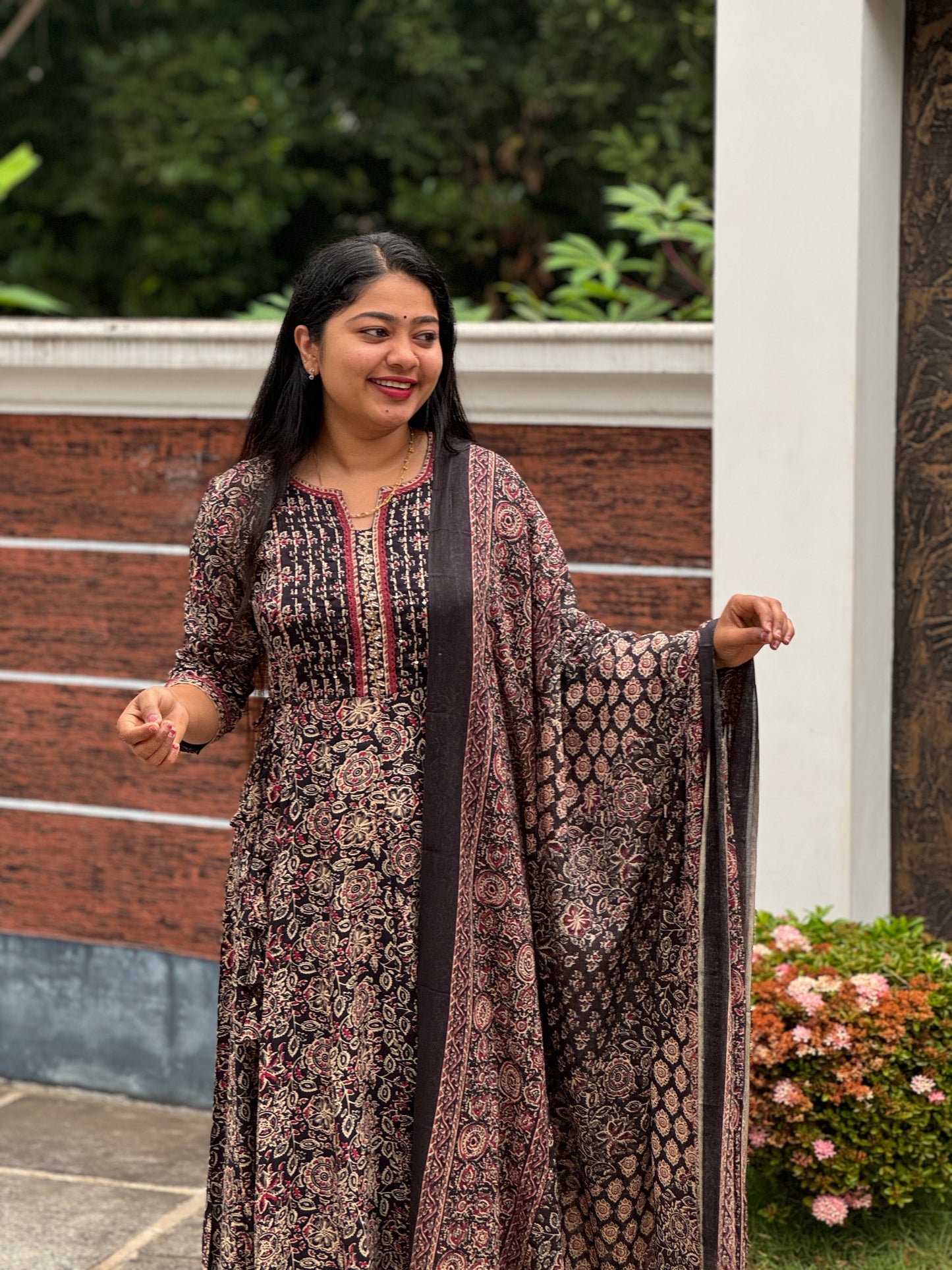 Brown with floral print soft Cotton Anarkali Salwar Set - A1028